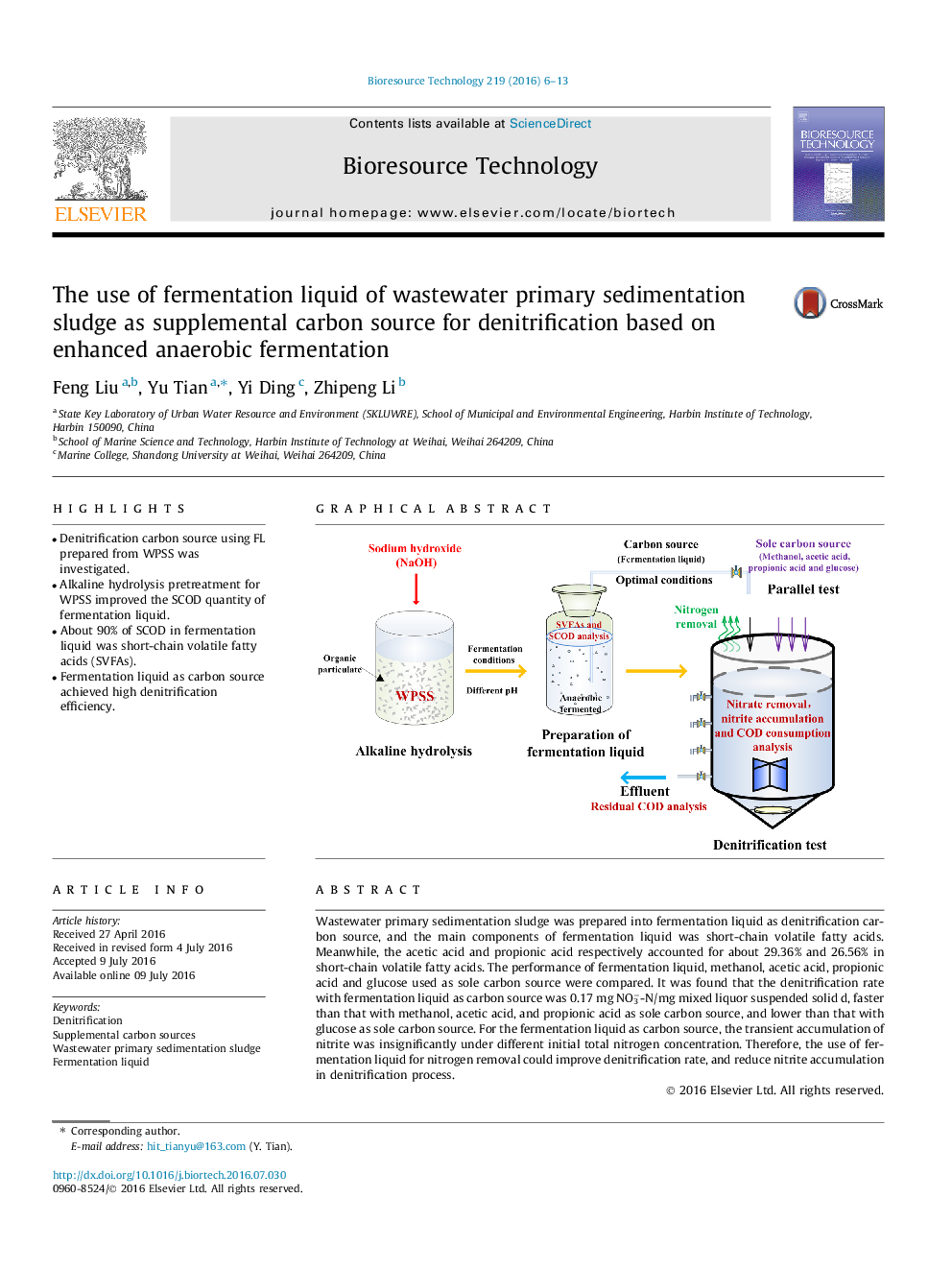 عکس صفحه اول مقاله: The use of fermentation liquid of wastewater primary sedimentation sludge as supplemental carbon source for denitrification based on enhanced anaerobic fermentation The use of fermentation liquid of wastewater primary sedimentation sludge as supplemental carbon source for denitrification based on enhanced anaerobic fermentation