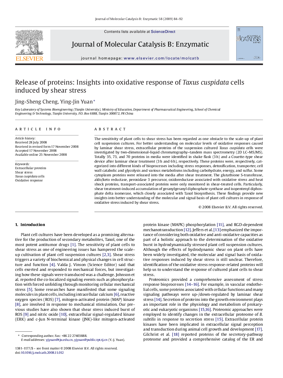 Release of proteins: Insights into oxidative response of Taxus cuspidata cells induced by shear stress