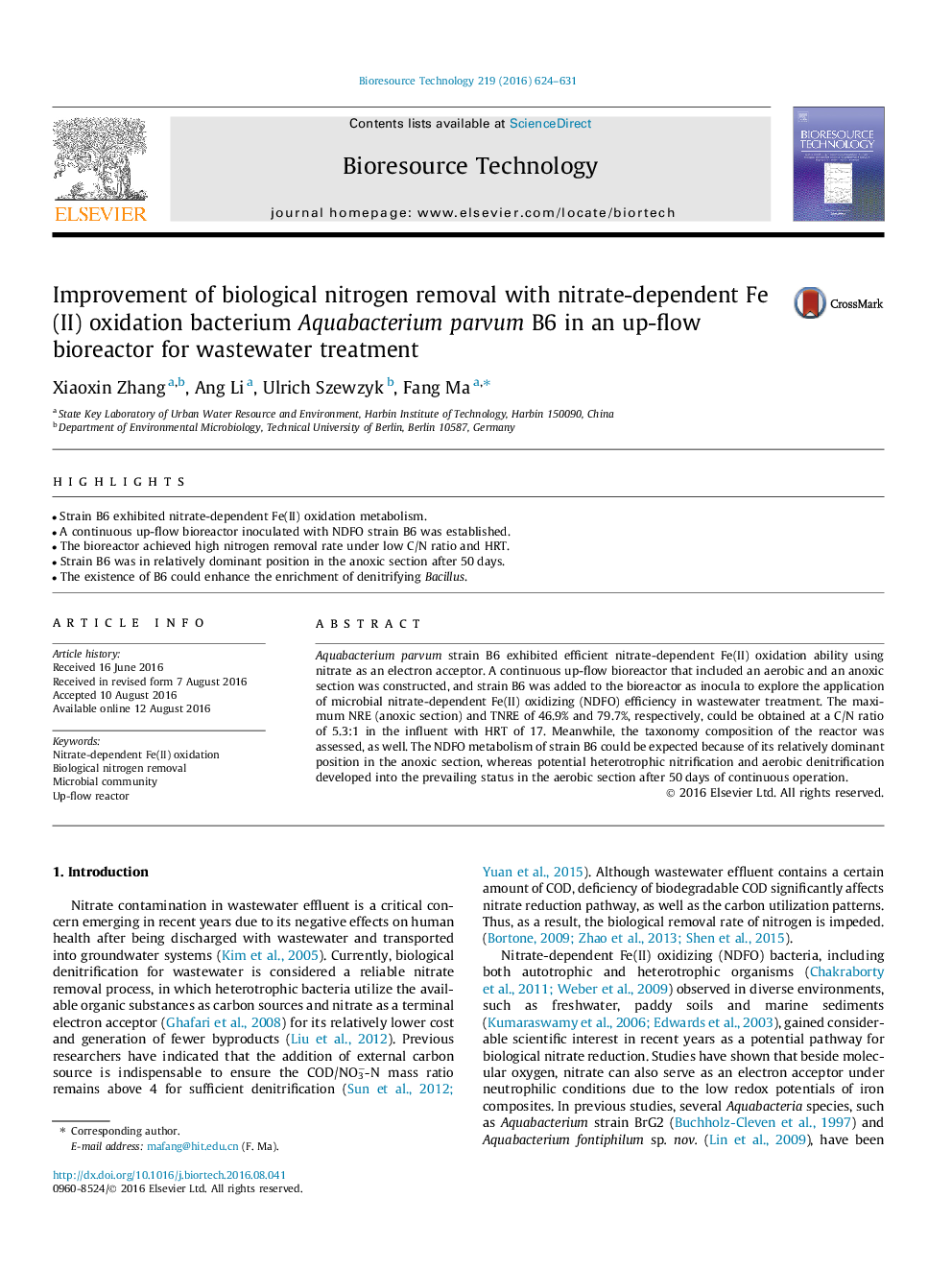 Improvement of biological nitrogen removal with nitrate-dependent Fe(II) oxidation bacterium Aquabacterium parvum B6 in an up-flow bioreactor for wastewater treatment