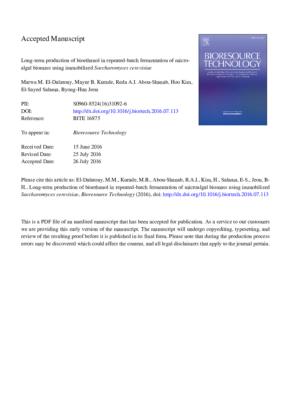 Long-term production of bioethanol in repeated-batch fermentation of microalgal biomass using immobilized Saccharomyces cerevisiae