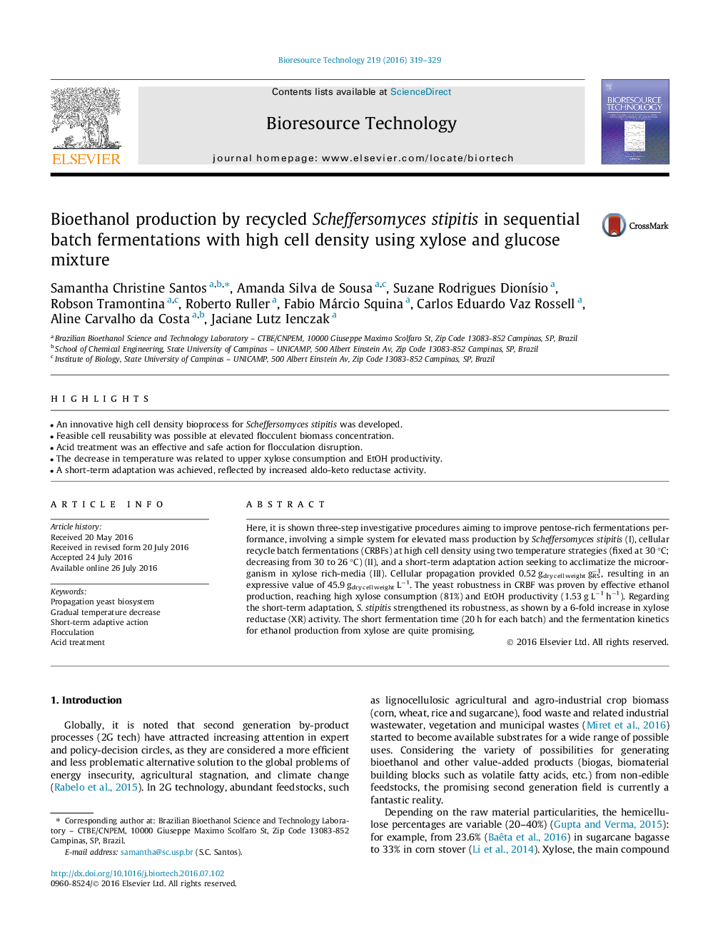 Bioethanol production by recycled Scheffersomyces stipitis in sequential batch fermentations with high cell density using xylose and glucose mixture