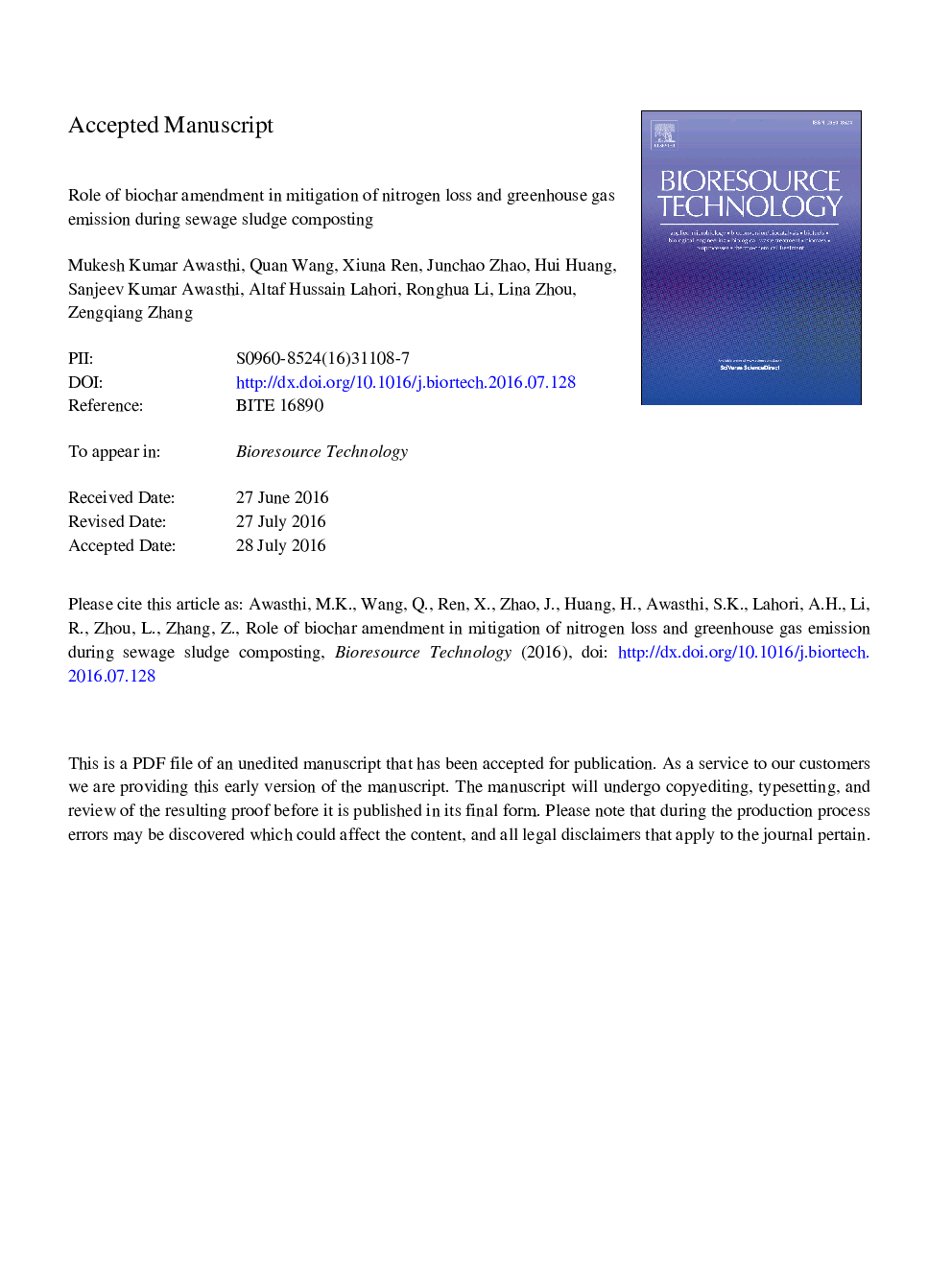 Role of biochar amendment in mitigation of nitrogen loss and greenhouse gas emission during sewage sludge composting