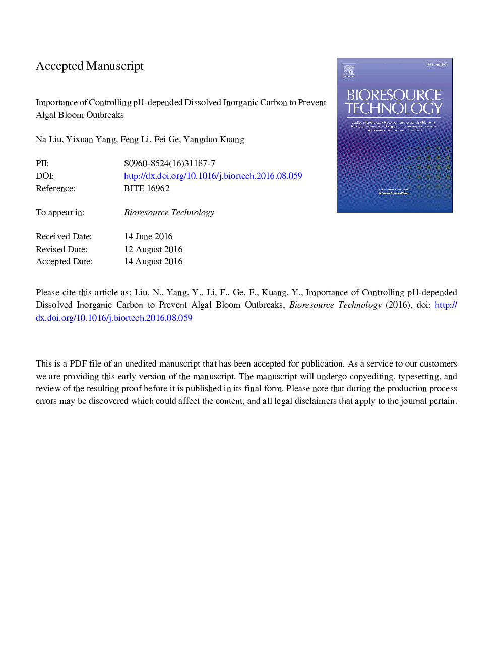 Importance of controlling pH-depended dissolved inorganic carbon to prevent algal bloom outbreaks