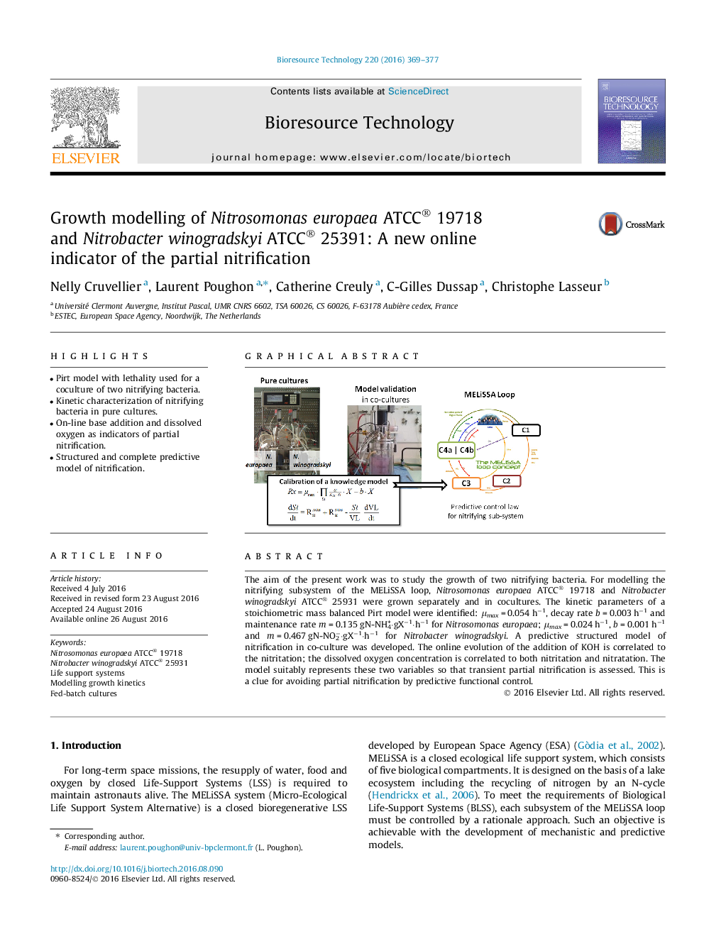 Growth modelling of Nitrosomonas europaea ATCC® 19718 and Nitrobacter winogradskyi ATCC® 25391: A new online indicator of the partial nitrification