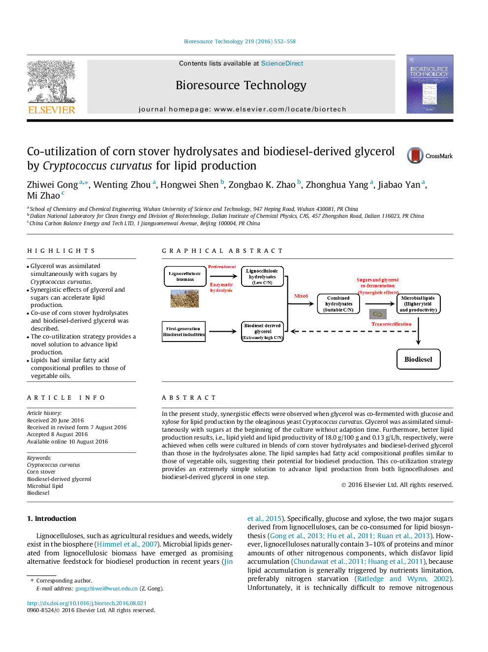 Co-utilization of corn stover hydrolysates and biodiesel-derived glycerol by Cryptococcus curvatus for lipid production