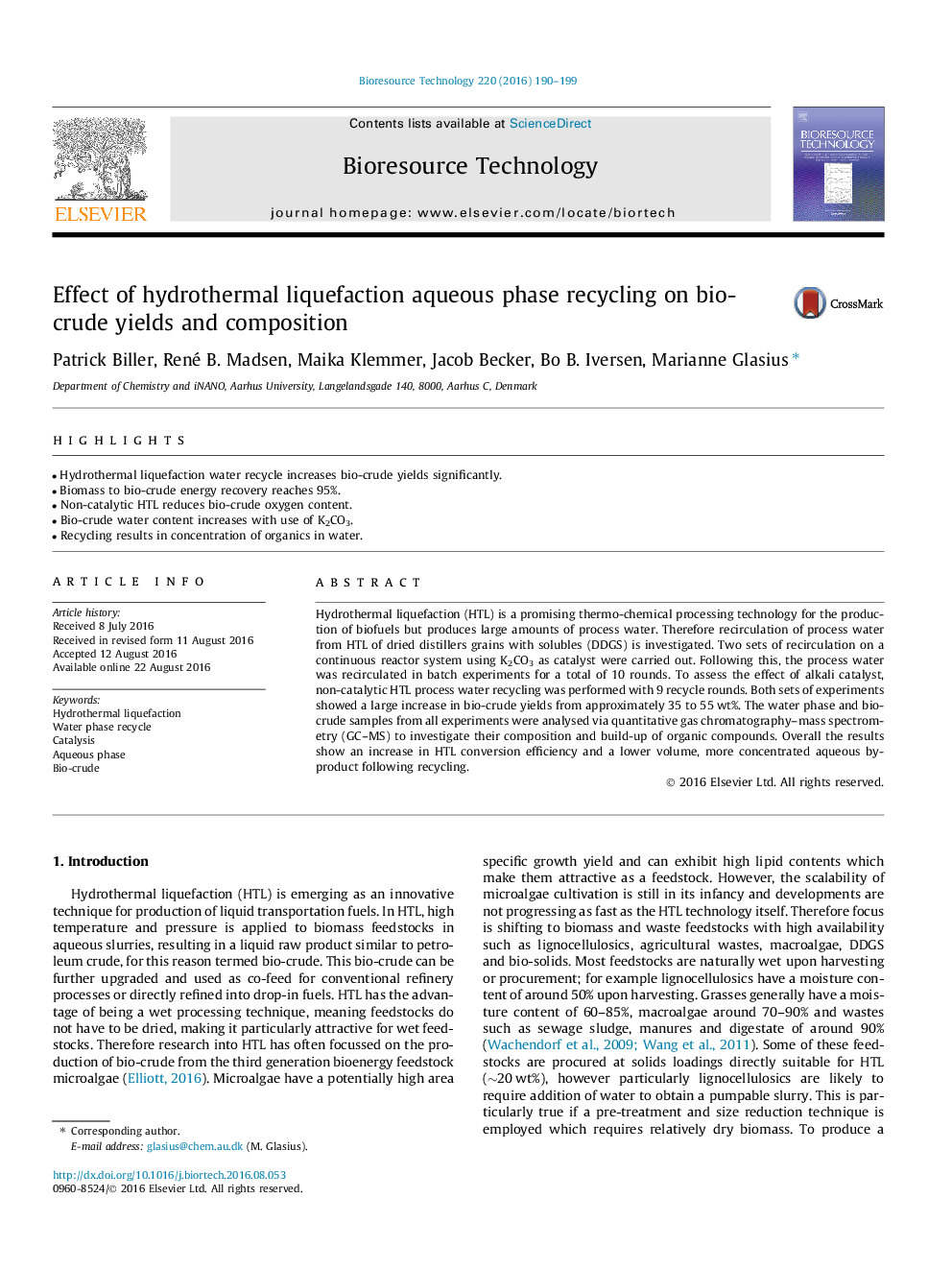 Effect of hydrothermal liquefaction aqueous phase recycling on bio-crude yields and composition