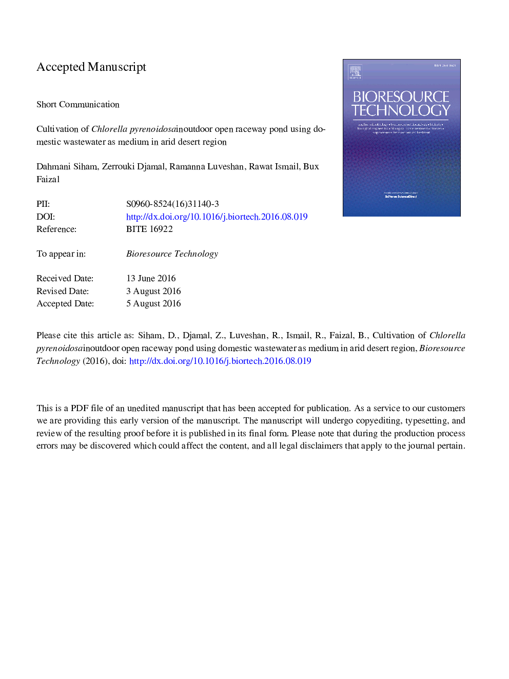 Cultivation of Chlorella pyrenoidosa in outdoor open raceway pond using domestic wastewater as medium in arid desert region