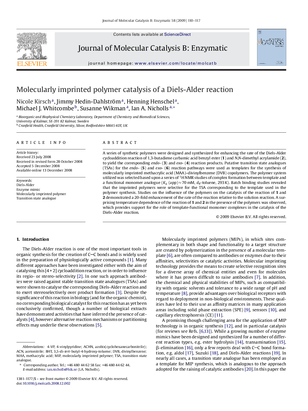 Molecularly imprinted polymer catalysis of a Diels-Alder reaction