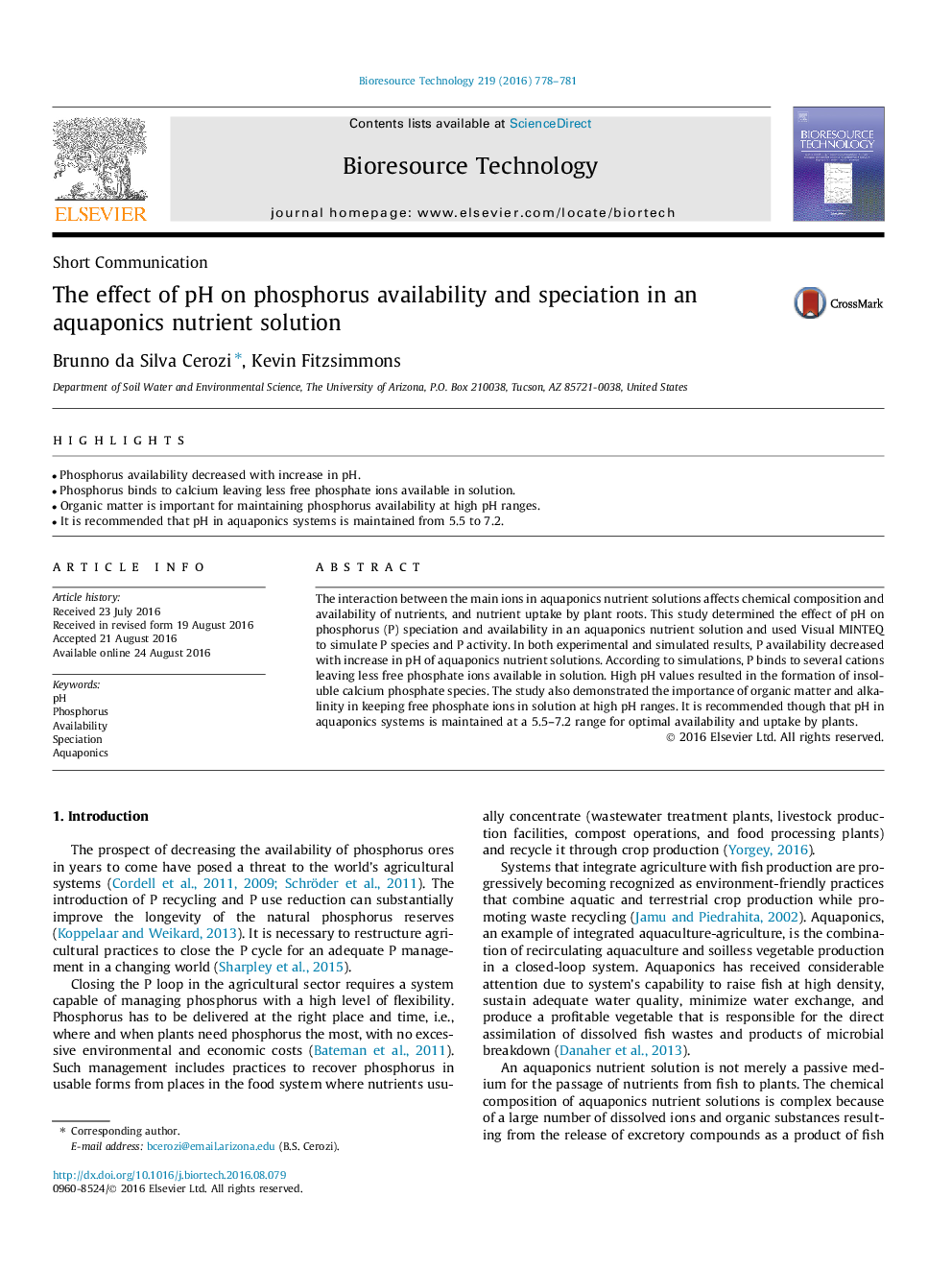 The effect of pH on phosphorus availability and speciation in an aquaponics nutrient solution