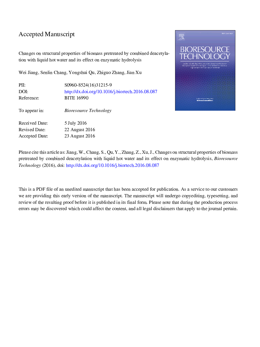 Changes on structural properties of biomass pretreated by combined deacetylation with liquid hot water and its effect on enzymatic hydrolysis