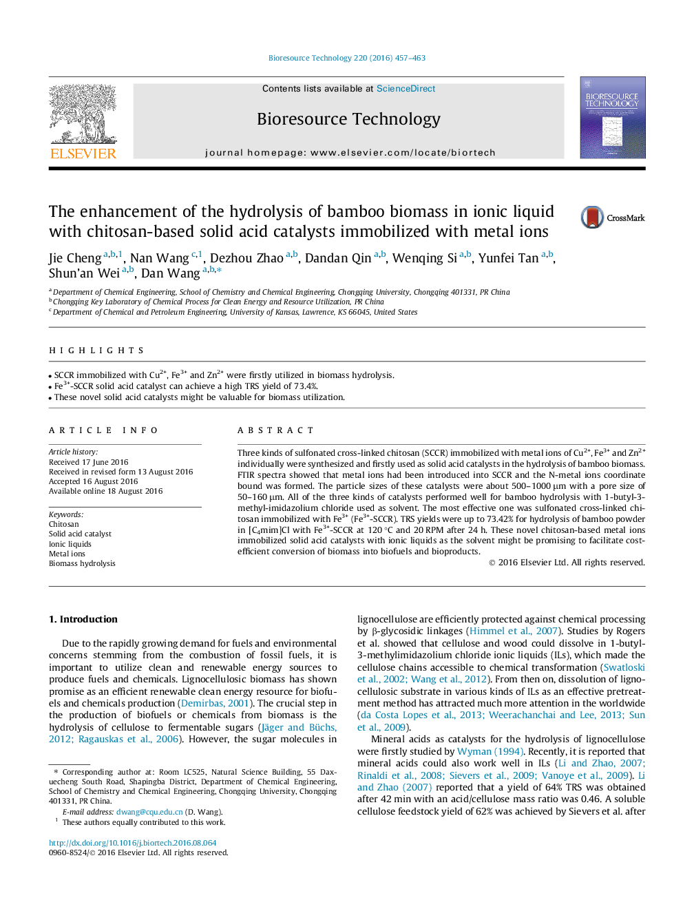 The enhancement of the hydrolysis of bamboo biomass in ionic liquid with chitosan-based solid acid catalysts immobilized with metal ions