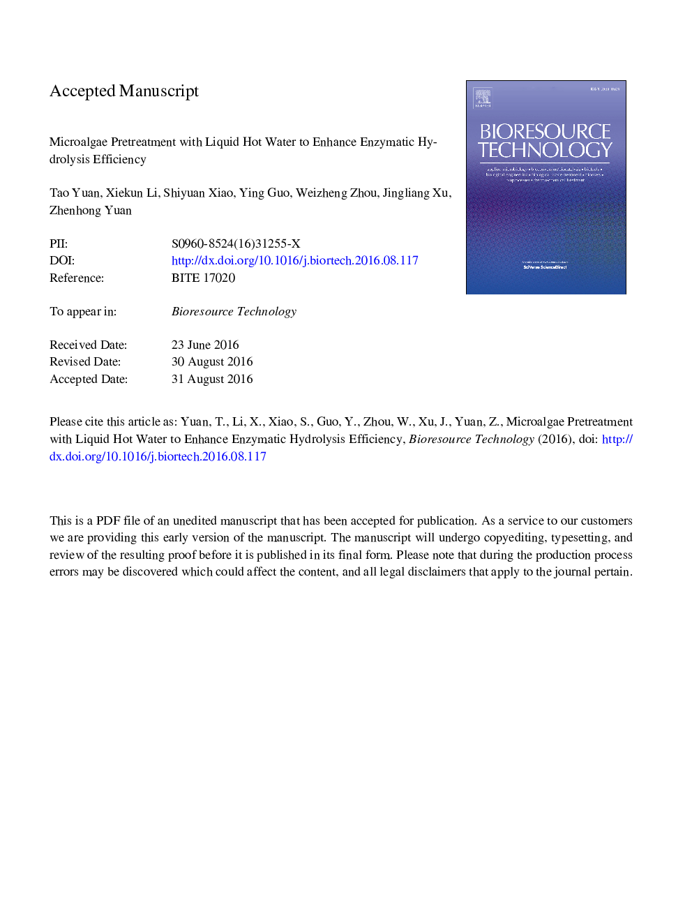 Microalgae pretreatment with liquid hot water to enhance enzymatic hydrolysis efficiency