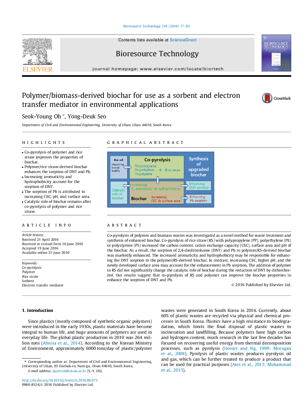 Polymer/biomass-derived biochar for use as a sorbent and electron transfer mediator in environmental applications