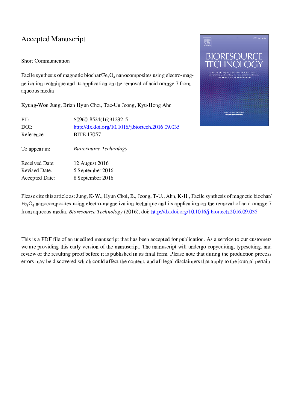 Facile synthesis of magnetic biochar/Fe3O4 nanocomposites using electro-magnetization technique and its application on the removal of acid orange 7 from aqueous media