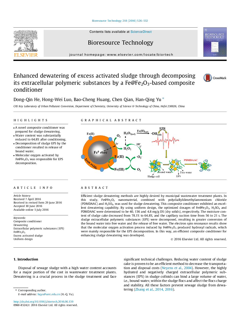 عکس صفحه اول مقاله: Enhanced dewatering of excess activated sludge through decomposing its extracellular polymeric substances by a Fe@Fe2O3-based composite conditioner Enhanced dewatering of excess activated sludge through decomposing its extracellular polymeric substances by a Fe@Fe2O3-based composite conditioner