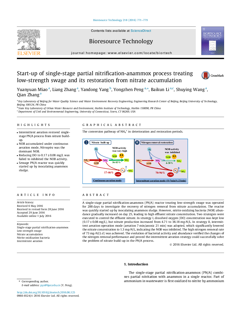 Start-up of single-stage partial nitrification-anammox process treating low-strength swage and its restoration from nitrate accumulation