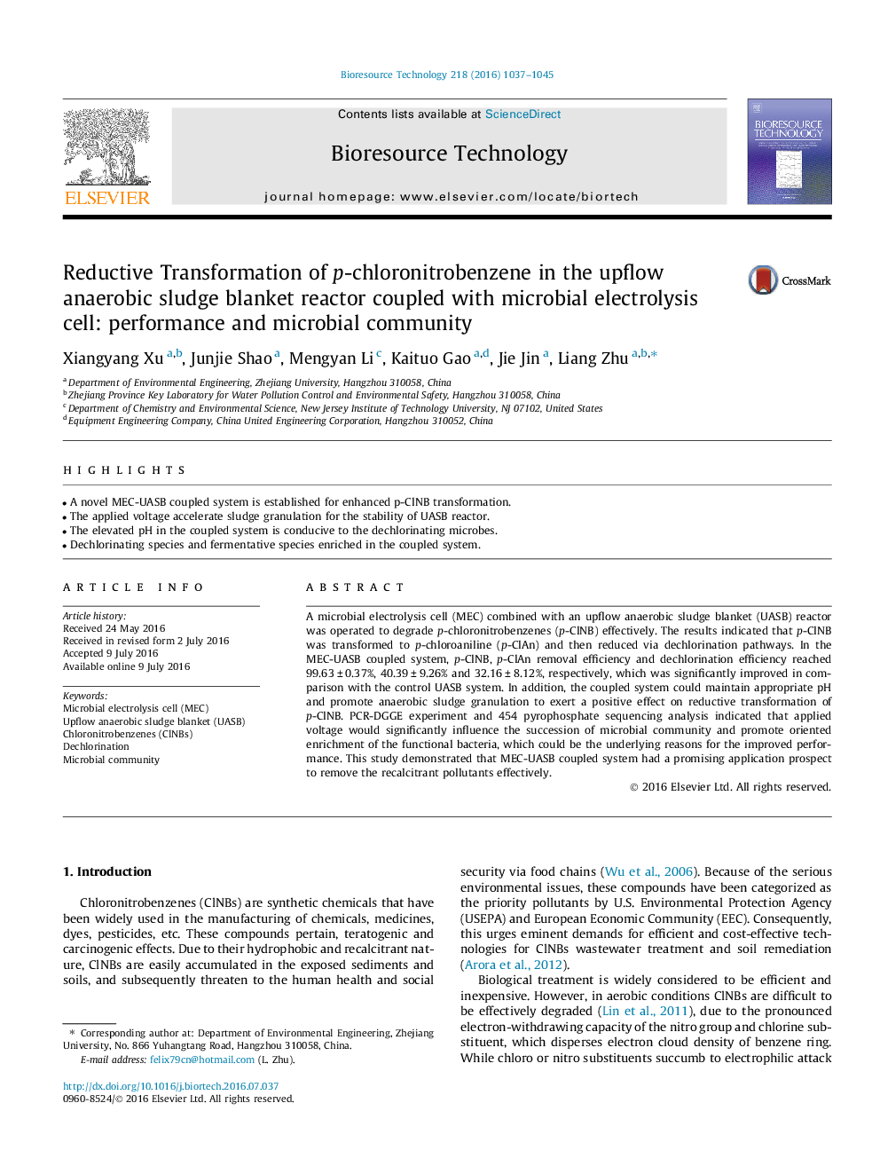 Reductive Transformation of p-chloronitrobenzene in the upflow anaerobic sludge blanket reactor coupled with microbial electrolysis cell: performance and microbial community