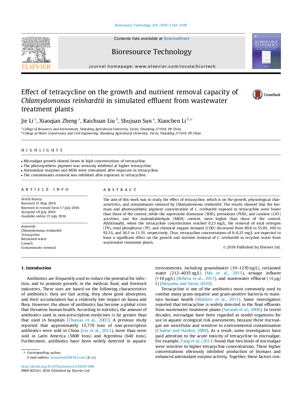 Effect of tetracycline on the growth and nutrient removal capacity of Chlamydomonas reinhardtii in simulated effluent from wastewater treatment plants