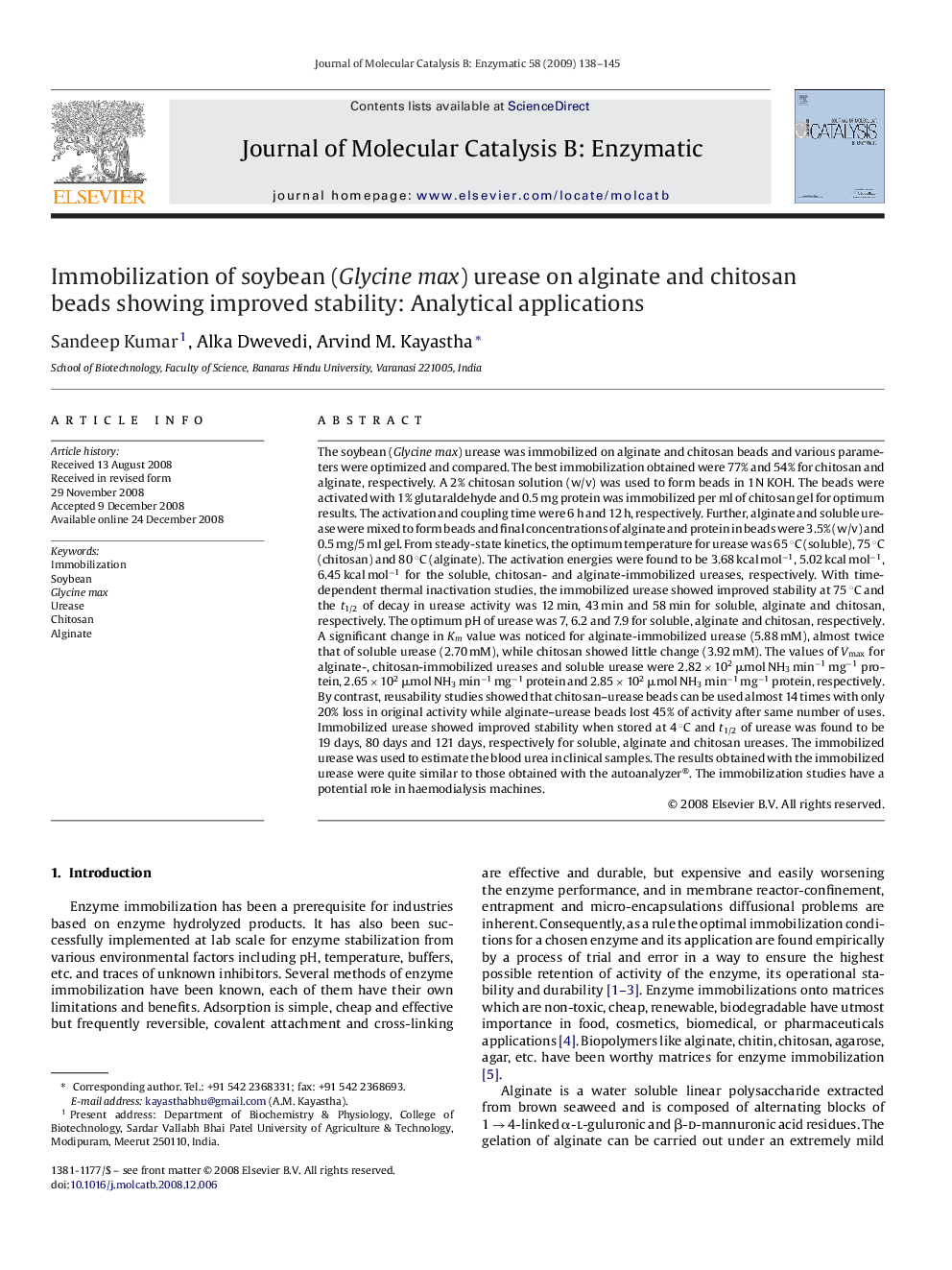 Immobilization of soybean (Glycine max) urease on alginate and chitosan beads showing improved stability: Analytical applications