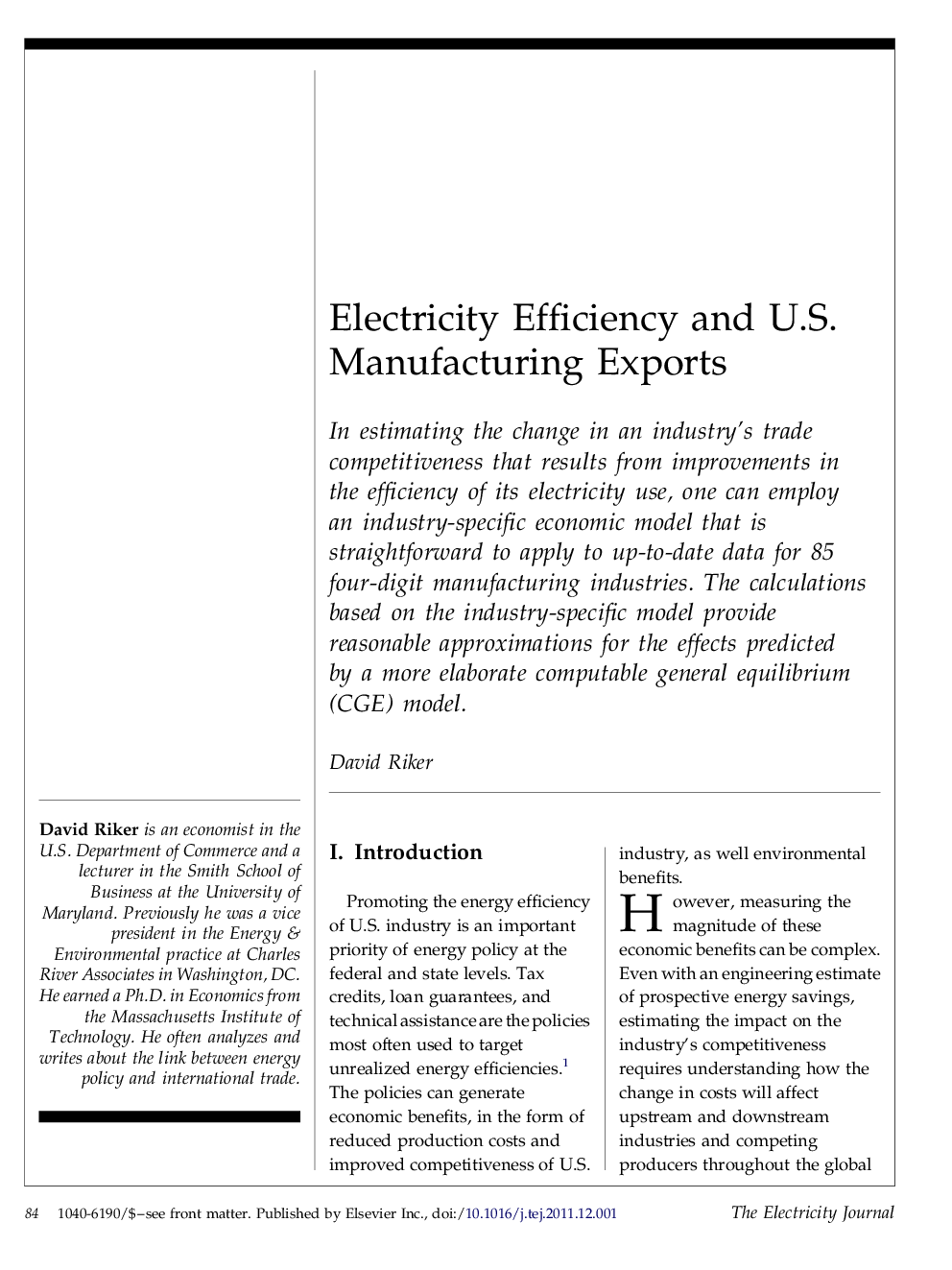 Electricity Efficiency and U.S. Manufacturing Exports