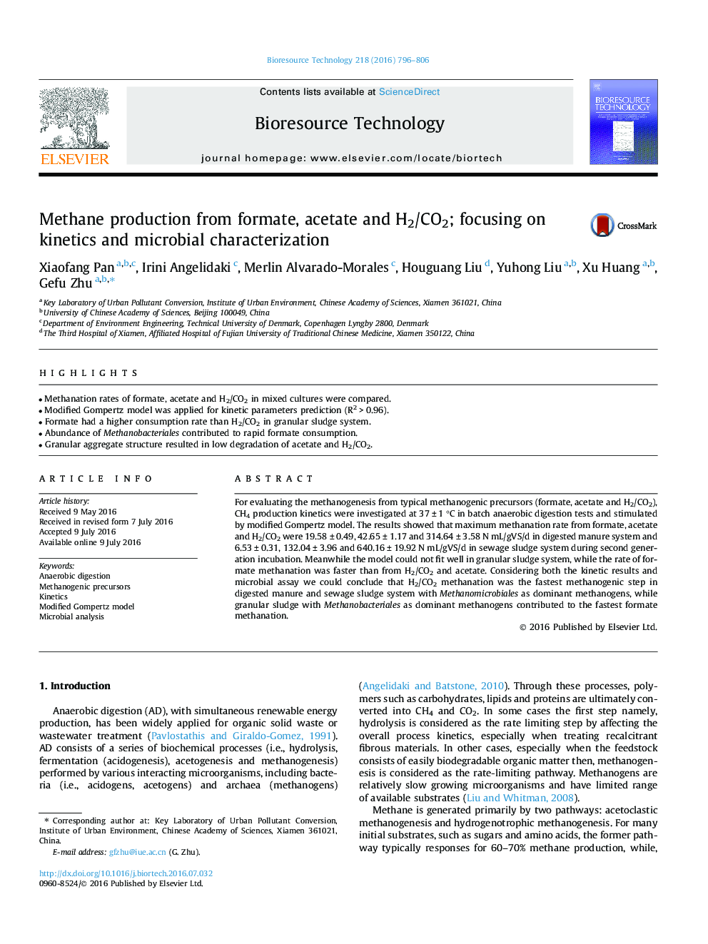 Methane production from formate, acetate and H2/CO2; focusing on kinetics and microbial characterization