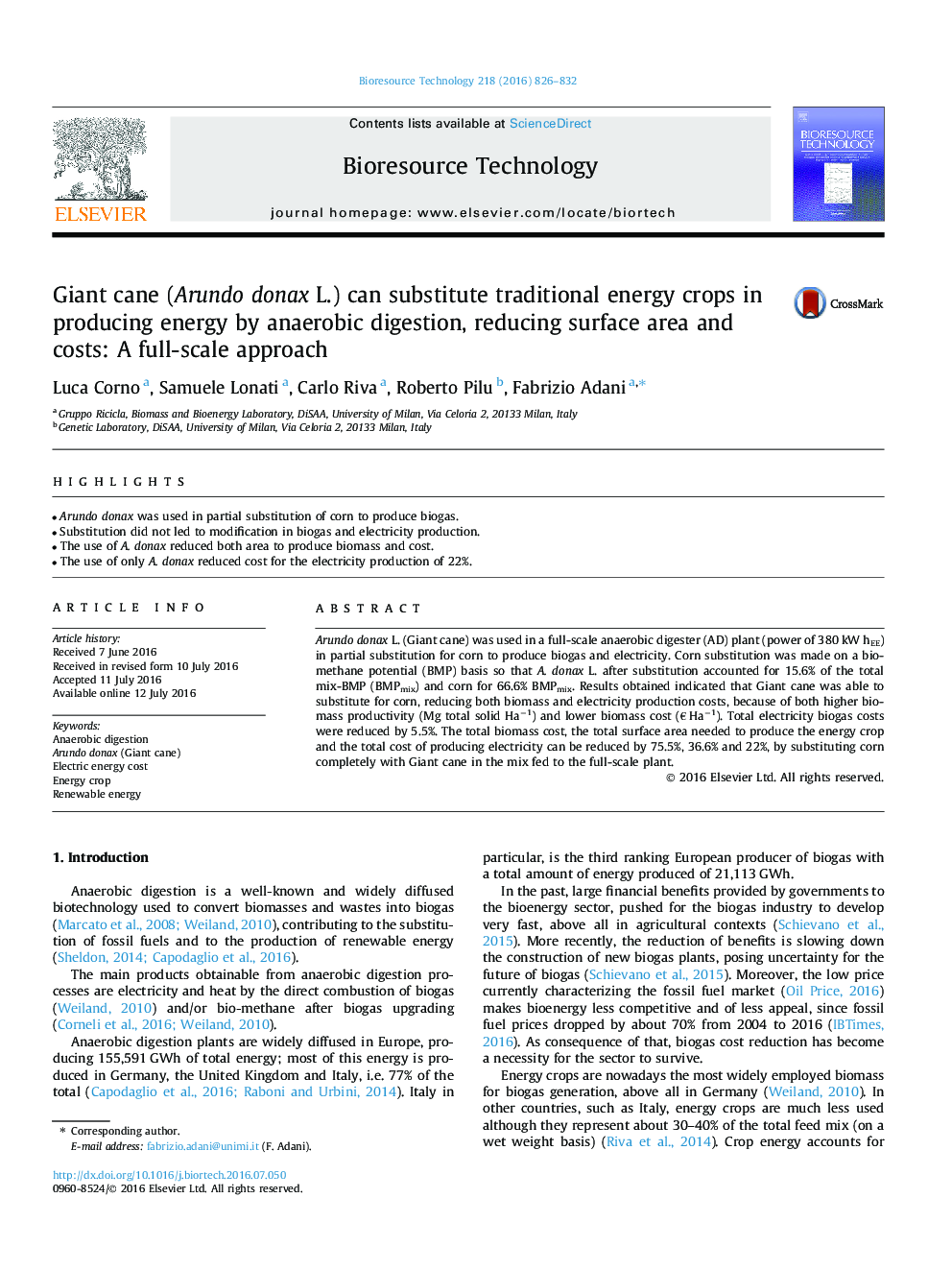 Giant cane (Arundo donax L.) can substitute traditional energy crops in producing energy by anaerobic digestion, reducing surface area and costs: A full-scale approach