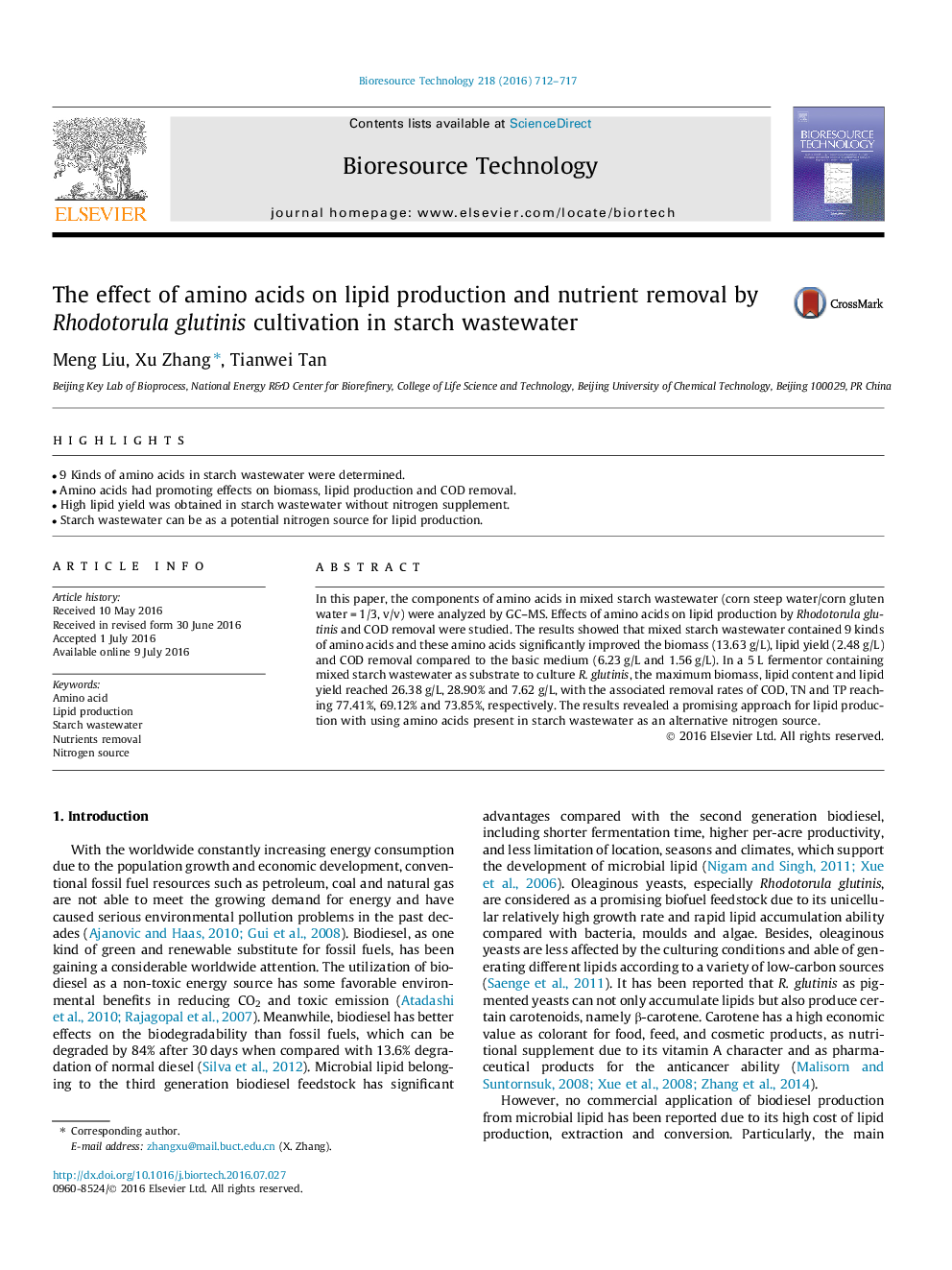 The effect of amino acids on lipid production and nutrient removal by Rhodotorula glutinis cultivation in starch wastewater