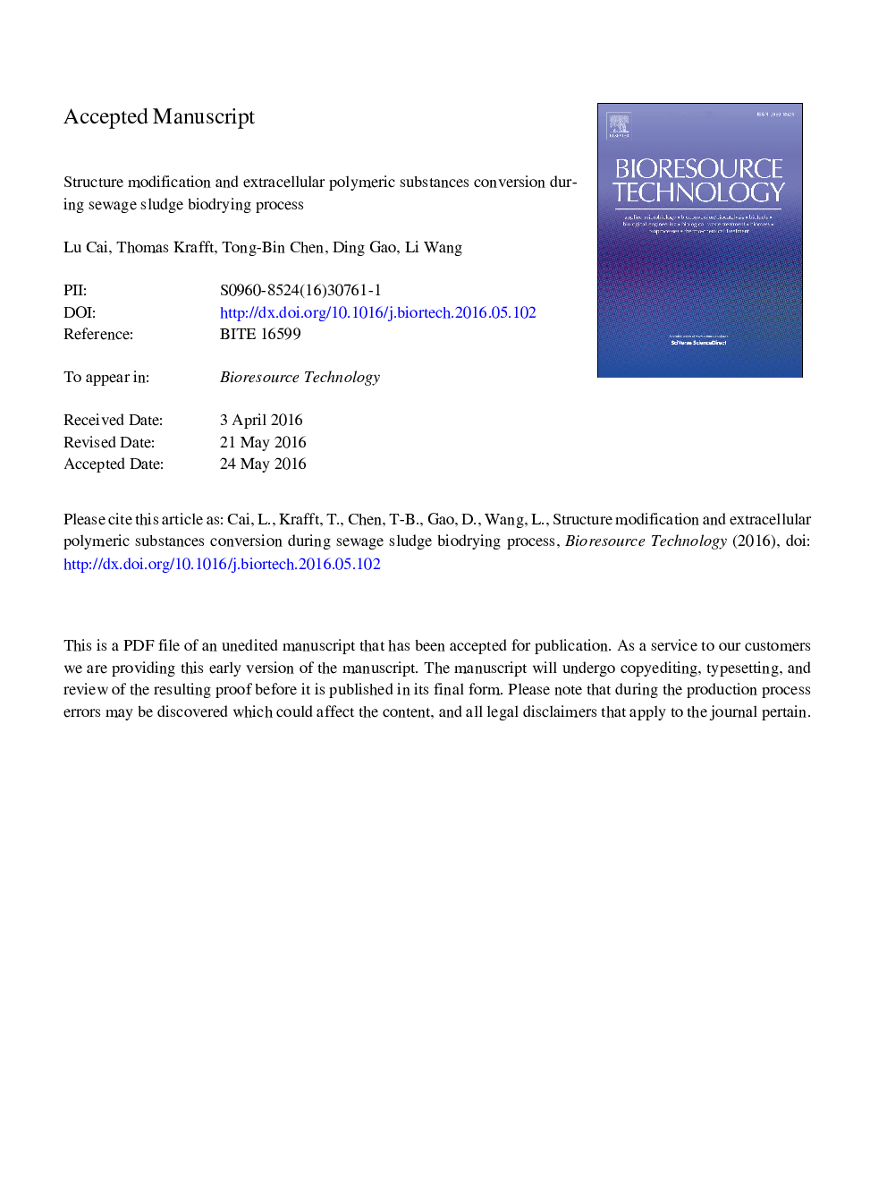 Structure modification and extracellular polymeric substances conversion during sewage sludge biodrying process