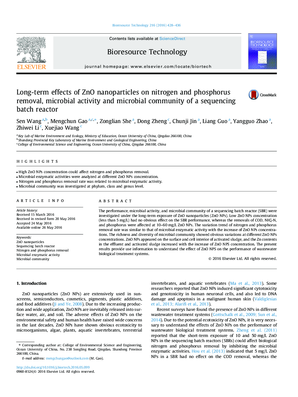 Long-term effects of ZnO nanoparticles on nitrogen and phosphorus removal, microbial activity and microbial community of a sequencing batch reactor