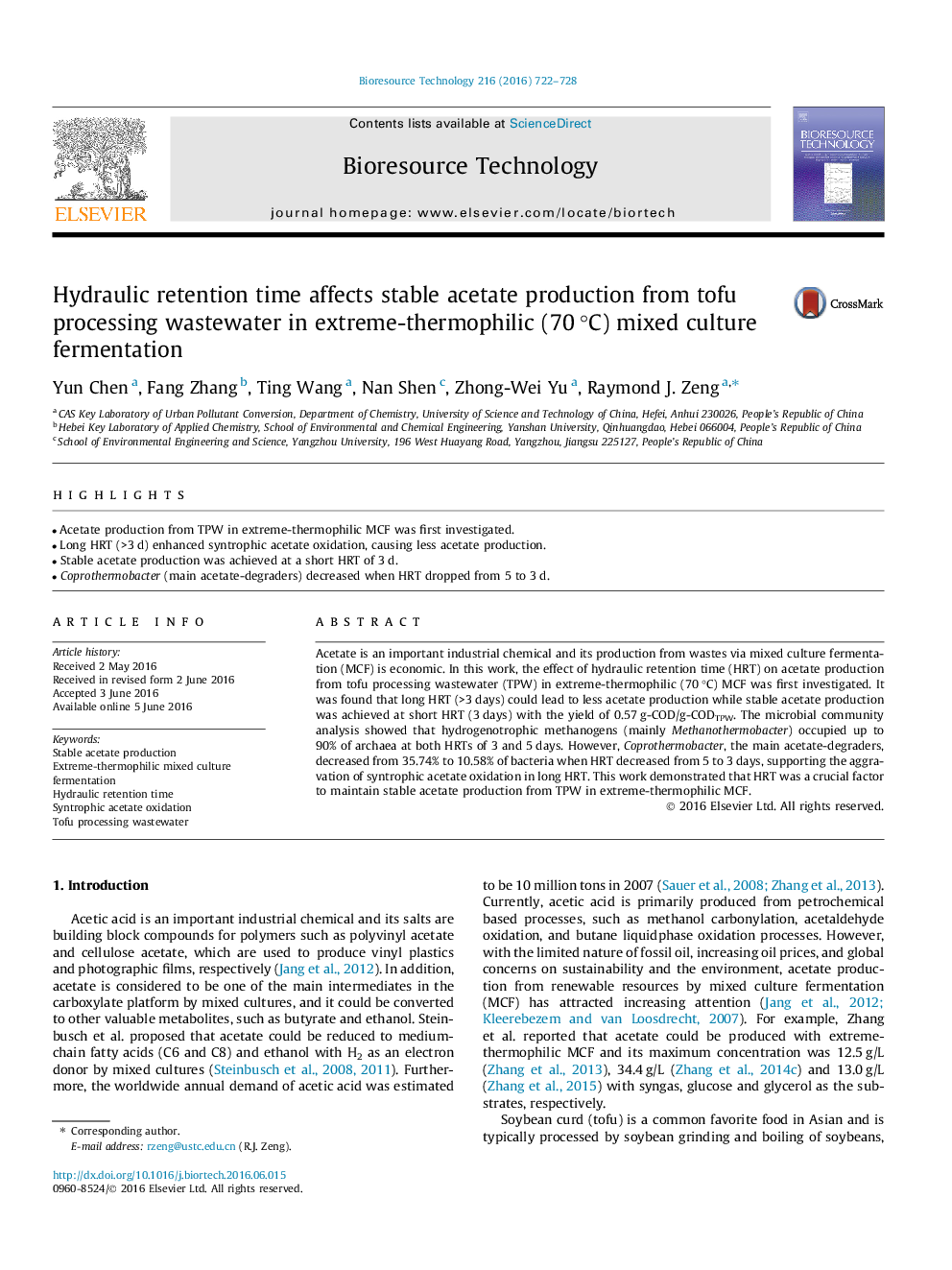 عکس صفحه اول مقاله: Hydraulic retention time affects stable acetate production from tofu processing wastewater in extreme-thermophilic (70 °C) mixed culture fermentation Hydraulic retention time affects stable acetate production from tofu processing wastewater in extreme-thermophilic (70 °C) mixed culture fermentation