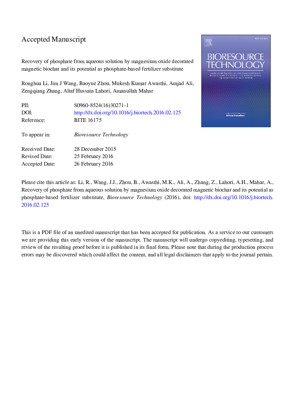 Recovery of phosphate from aqueous solution by magnesium oxide decorated magnetic biochar and its potential as phosphate-based fertilizer substitute