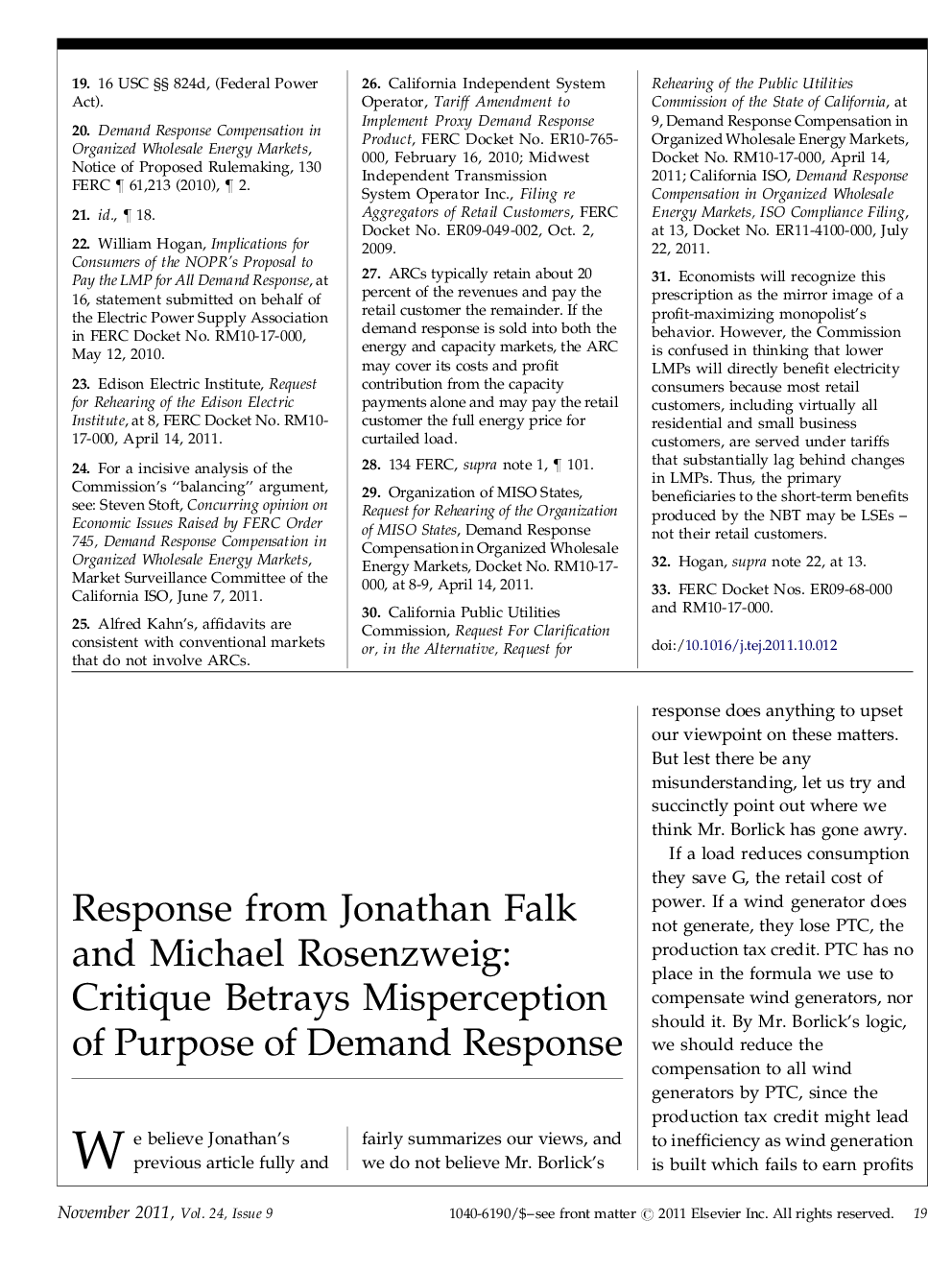 Response from Jonathan Falk and Michael Rosenzweig: