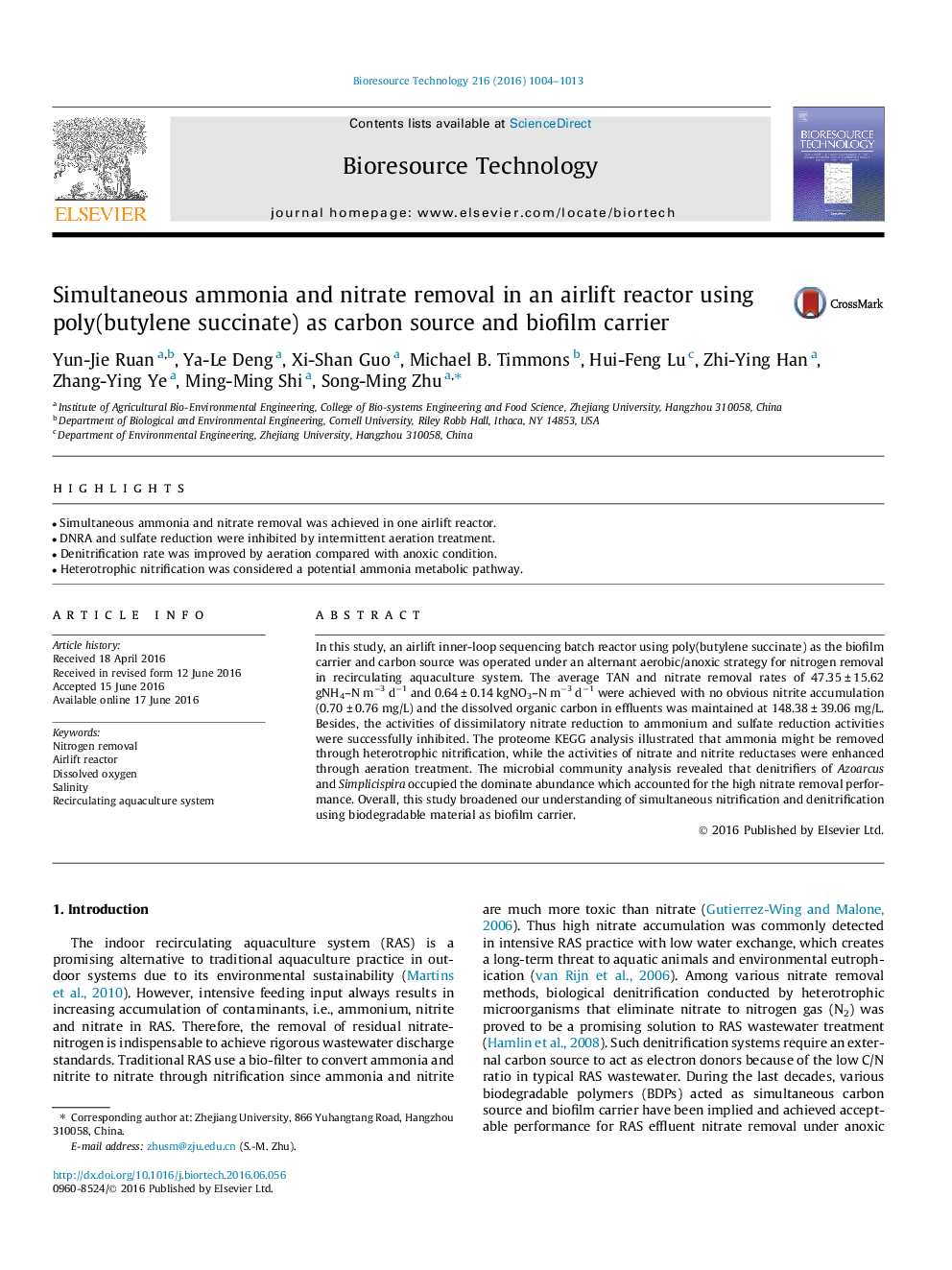 Simultaneous ammonia and nitrate removal in an airlift reactor using poly(butylene succinate) as carbon source and biofilm carrier