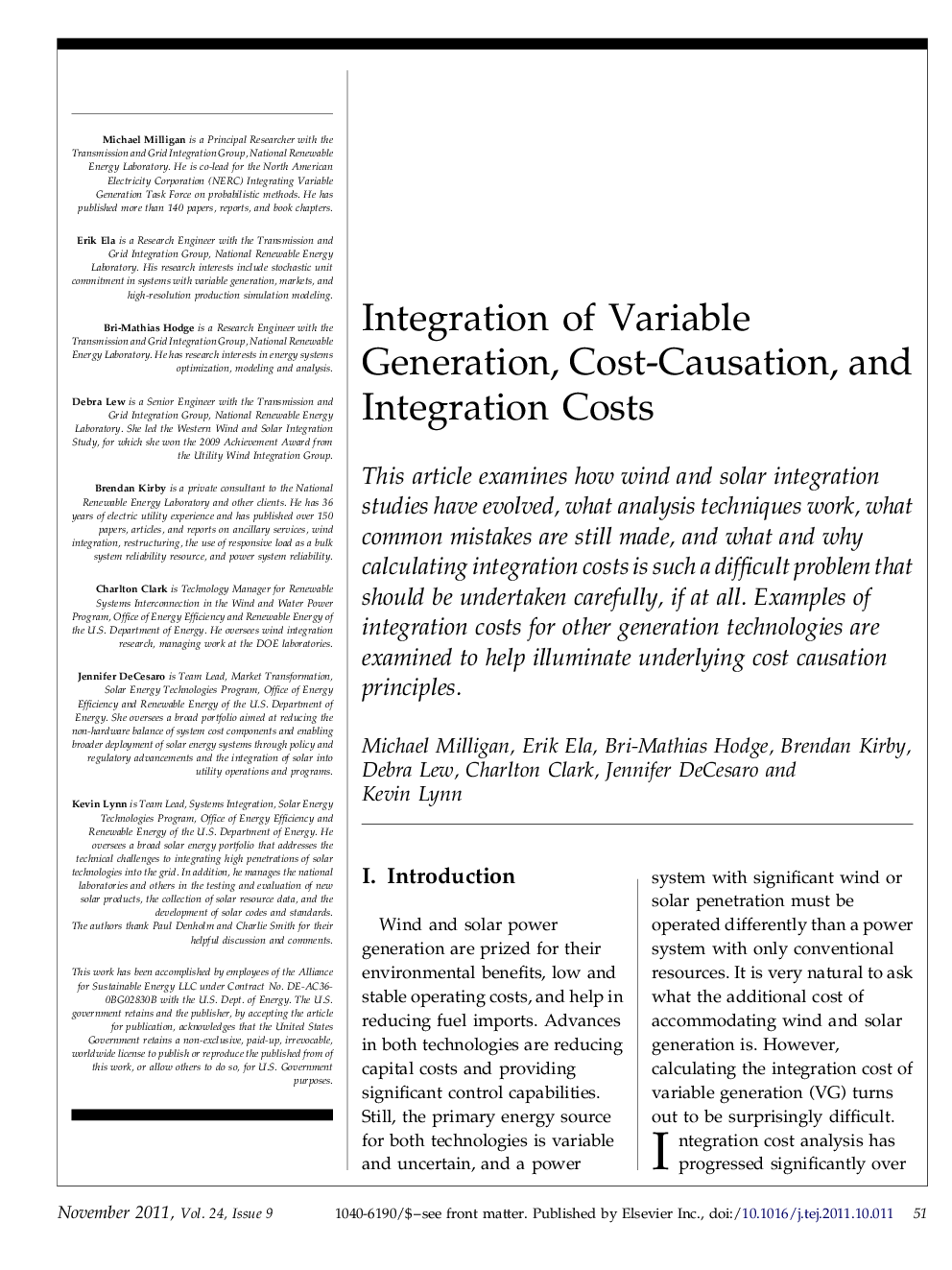 Integration of Variable Generation, Cost-Causation, and Integration Costs