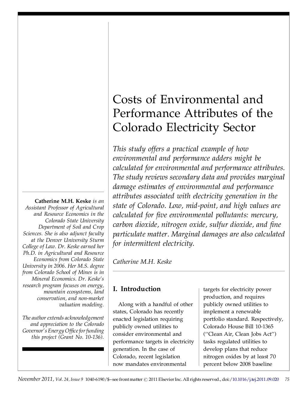 Costs of Environmental and Performance Attributes of the Colorado Electricity Sector