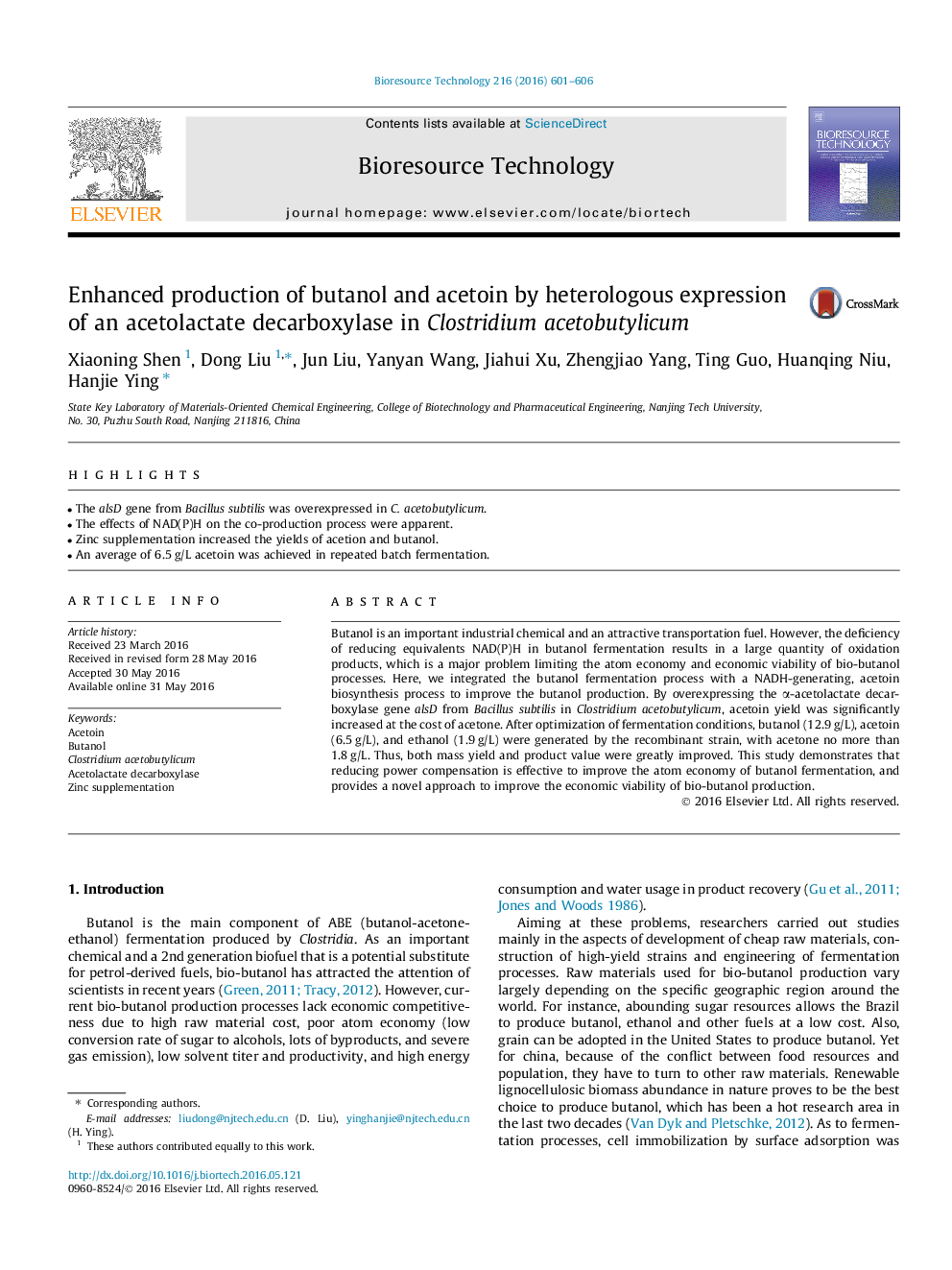 Enhanced production of butanol and acetoin by heterologous expression of an acetolactate decarboxylase in Clostridium acetobutylicum