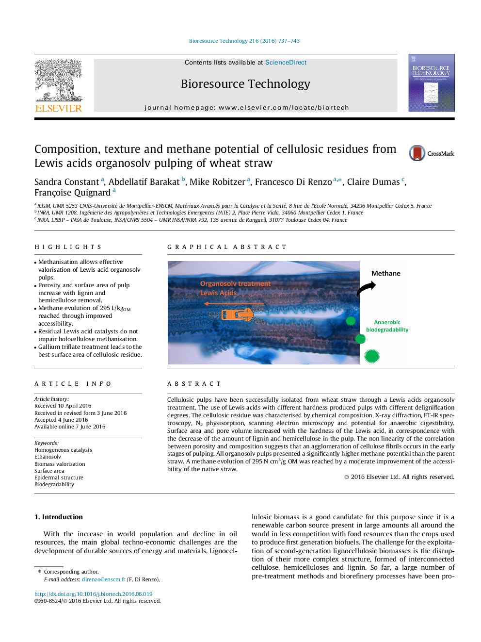 Composition, texture and methane potential of cellulosic residues from Lewis acids organosolv pulping of wheat straw