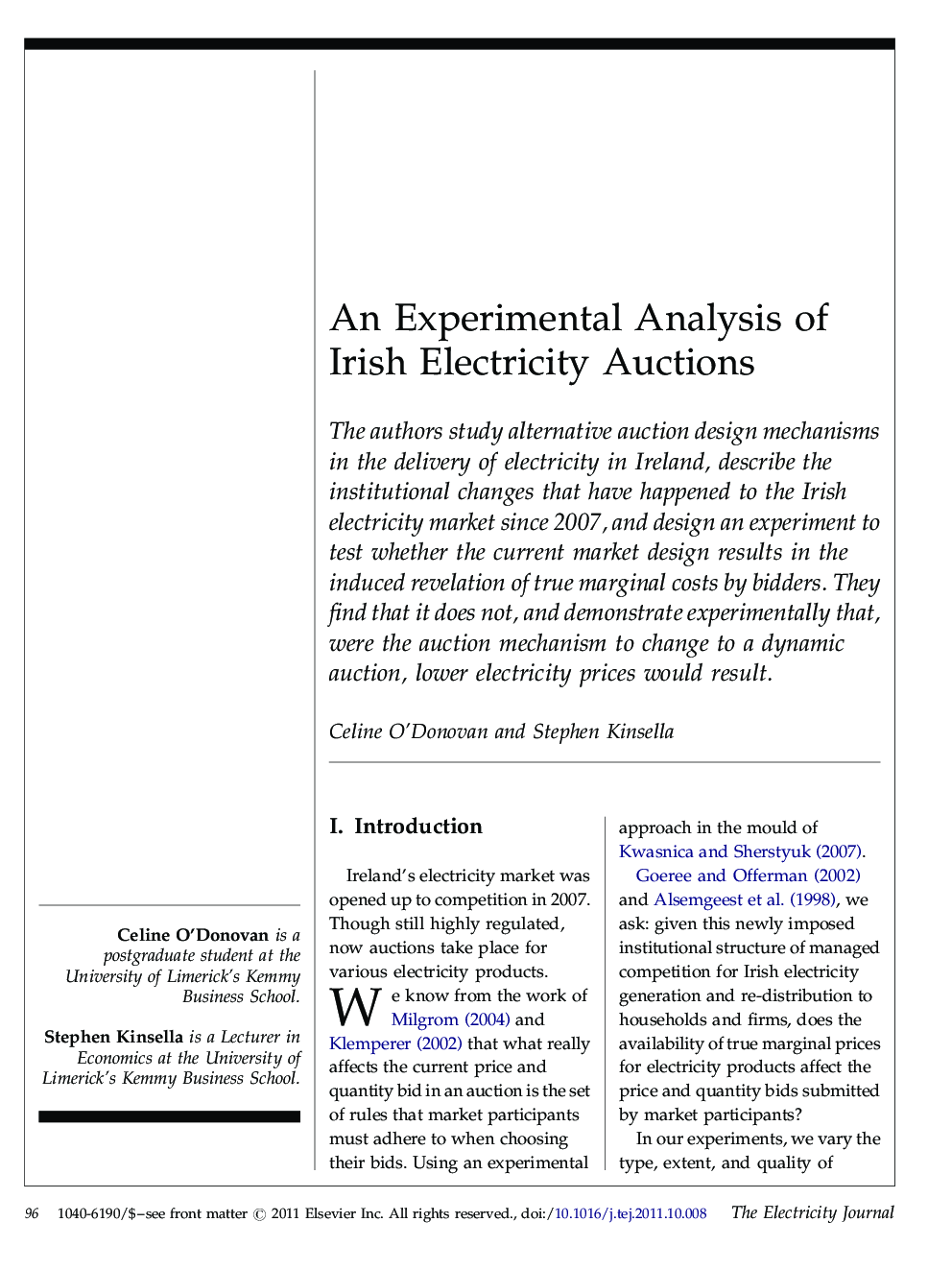 An Experimental Analysis of Irish Electricity Auctions