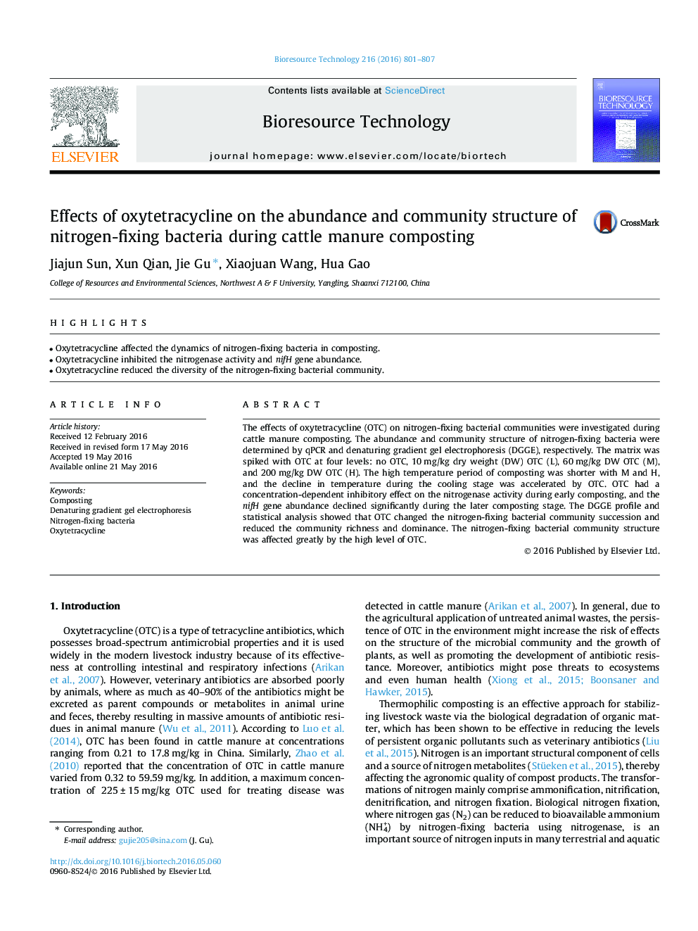 Effects of oxytetracycline on the abundance and community structure of nitrogen-fixing bacteria during cattle manure composting