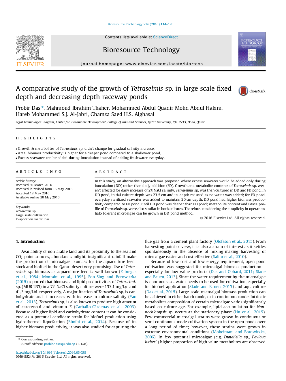 A comparative study of the growth of Tetraselmis sp. in large scale fixed depth and decreasing depth raceway ponds