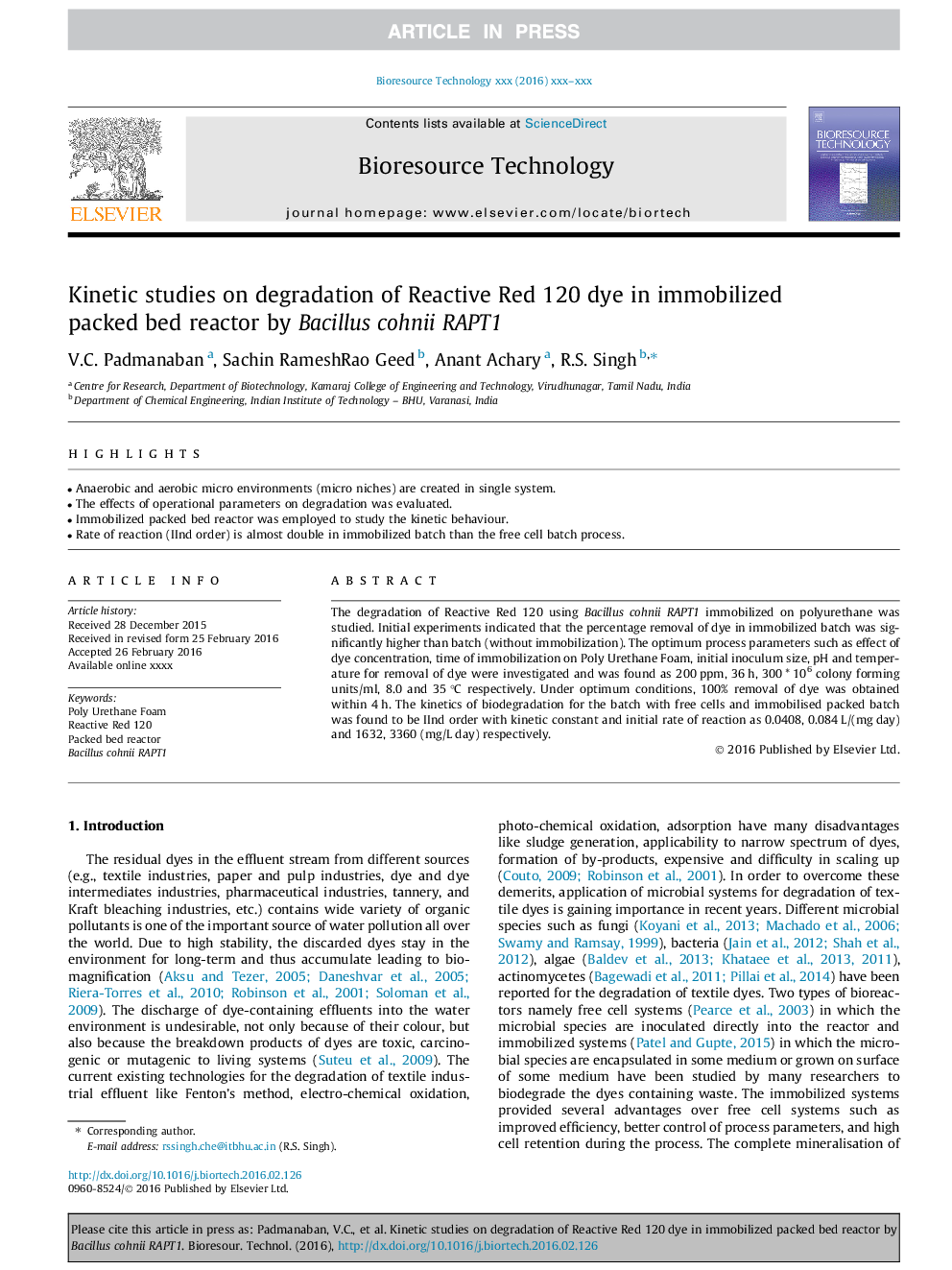 Kinetic studies on degradation of Reactive Red 120 dye in immobilized packed bed reactor by Bacillus cohnii RAPT1