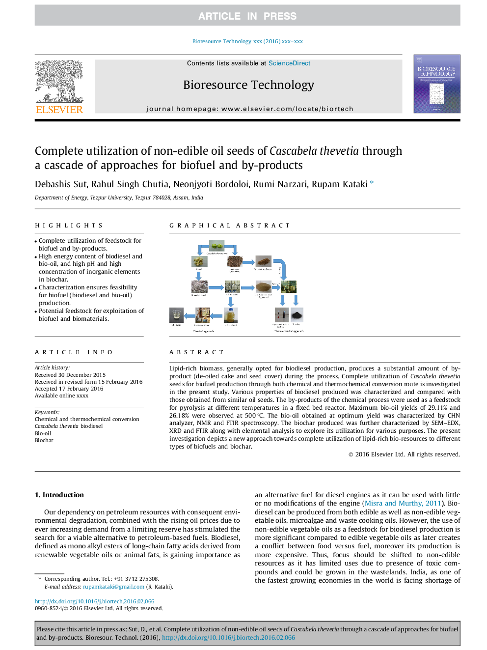 عکس صفحه اول مقاله: Complete utilization of non-edible oil seeds of Cascabela thevetia through a cascade of approaches for biofuel and by-products Complete utilization of non-edible oil seeds of Cascabela thevetia through a cascade of approaches for biofuel and by-products