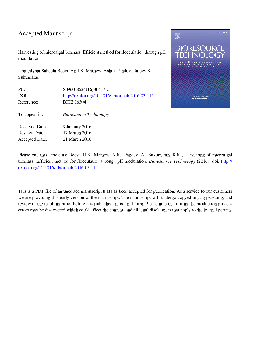 Harvesting of microalgal biomass: Efficient method for flocculation through pH modulation