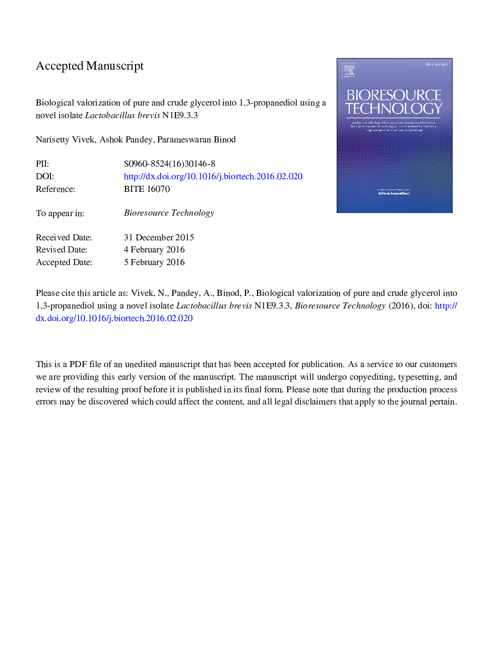 Biological valorization of pure and crude glycerol into 1,3-propanediol using a novel isolate Lactobacillus brevis N1E9.3.3