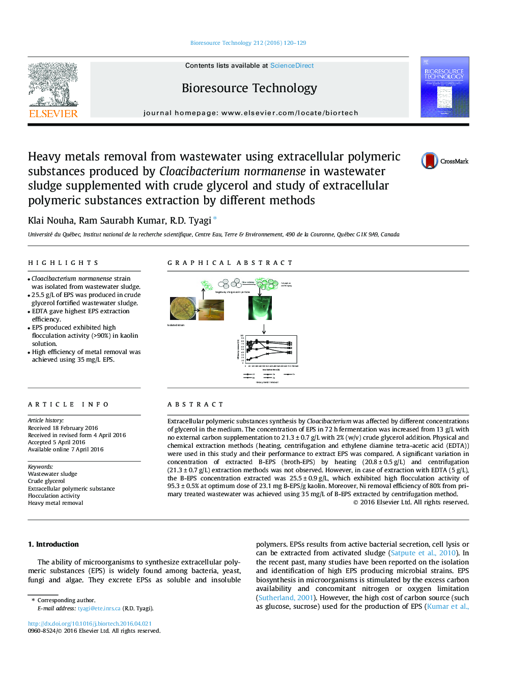 Heavy metals removal from wastewater using extracellular polymeric substances produced by Cloacibacterium normanense in wastewater sludge supplemented with crude glycerol and study of extracellular polymeric substances extraction by different methods