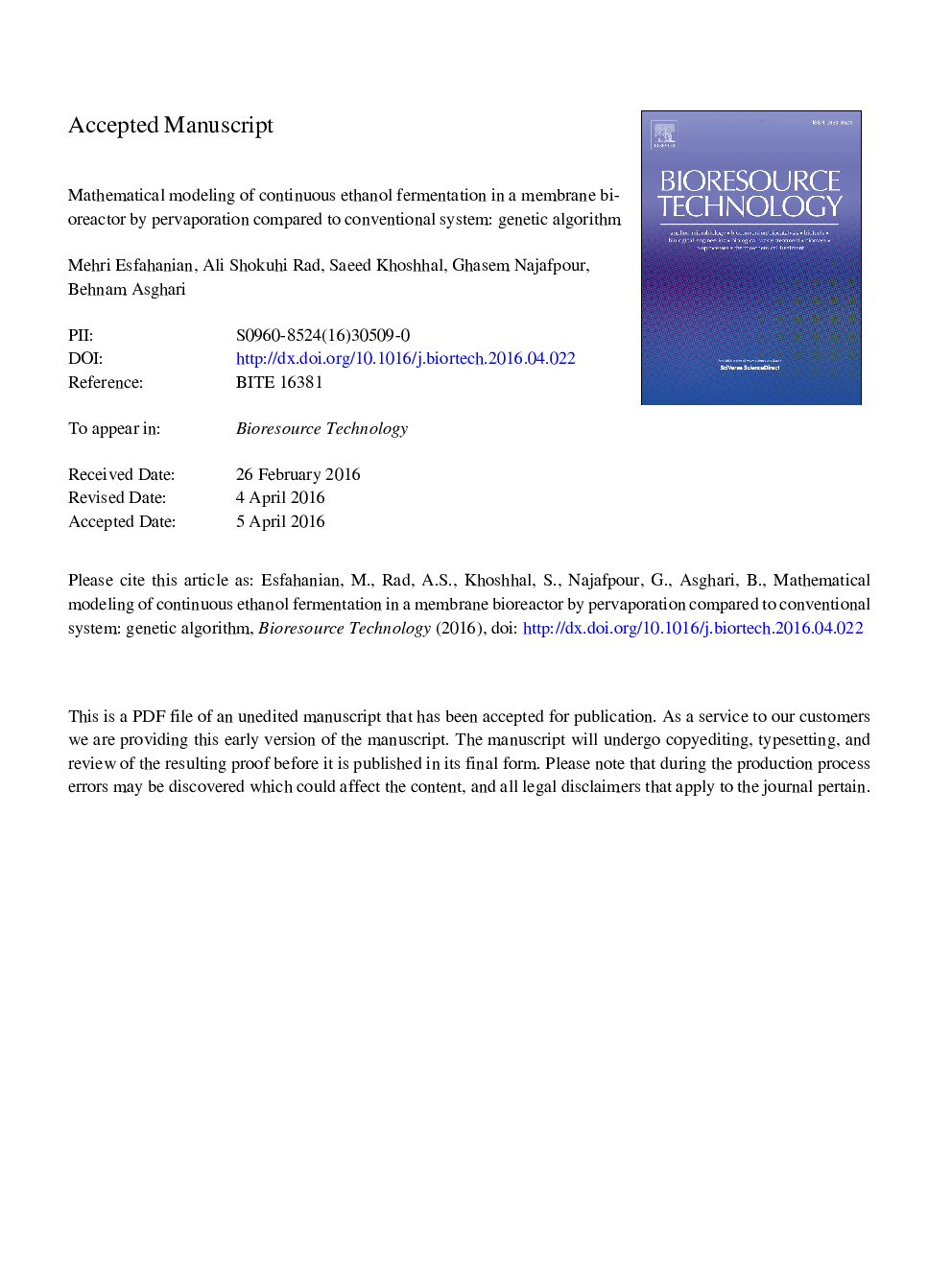 Mathematical modeling of continuous ethanol fermentation in a membrane bioreactor by pervaporation compared to conventional system: Genetic algorithm