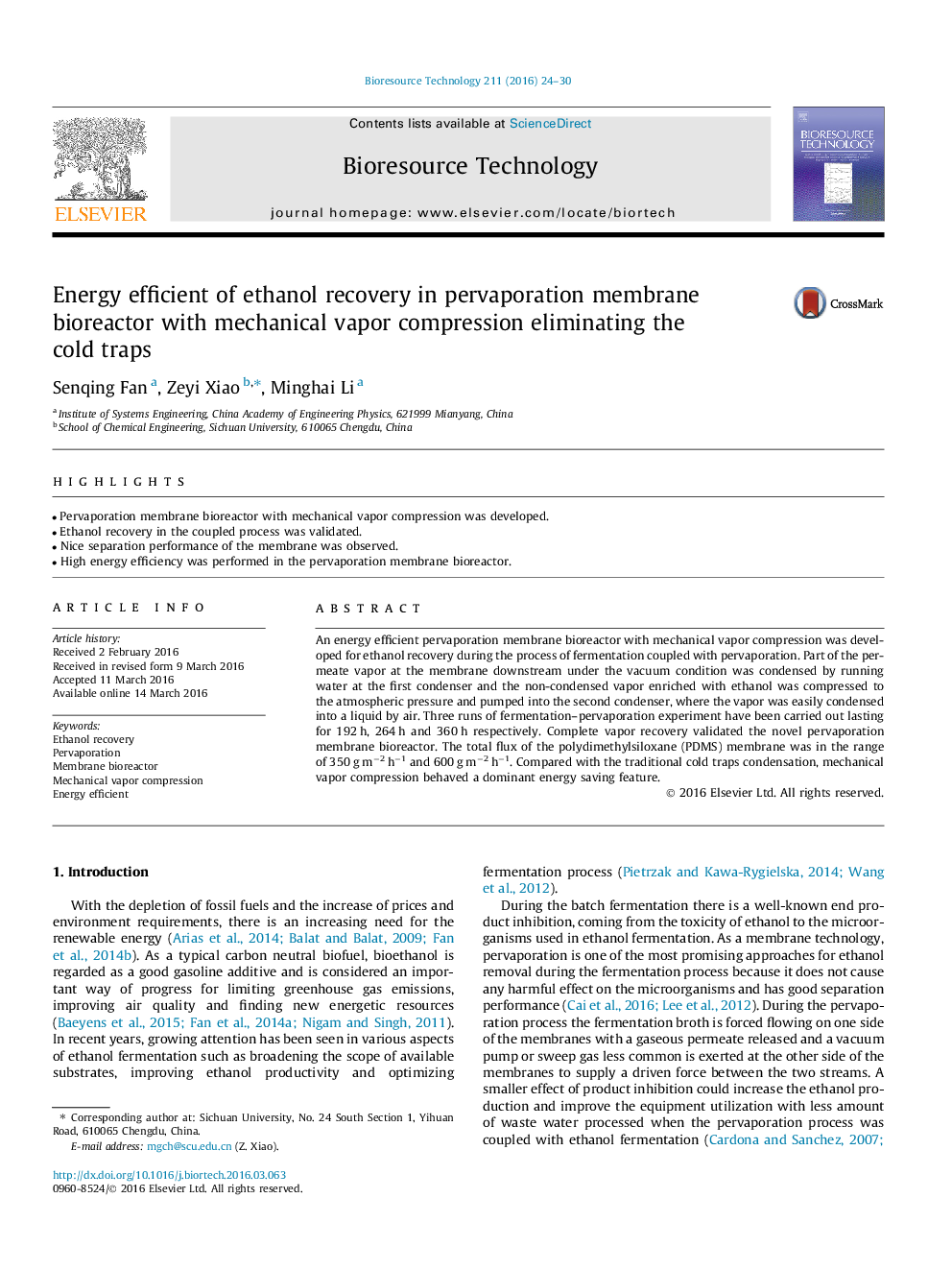 Energy efficient of ethanol recovery in pervaporation membrane bioreactor with mechanical vapor compression eliminating the cold traps