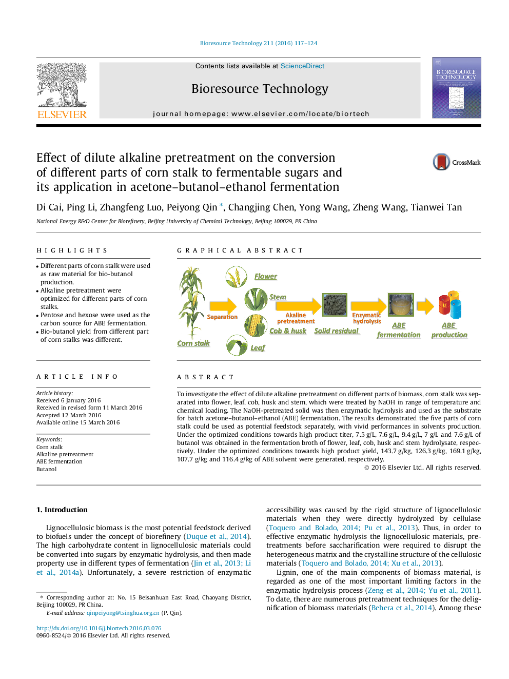 Effect of dilute alkaline pretreatment on the conversion of different parts of corn stalk to fermentable sugars and its application in acetone-butanol-ethanol fermentation