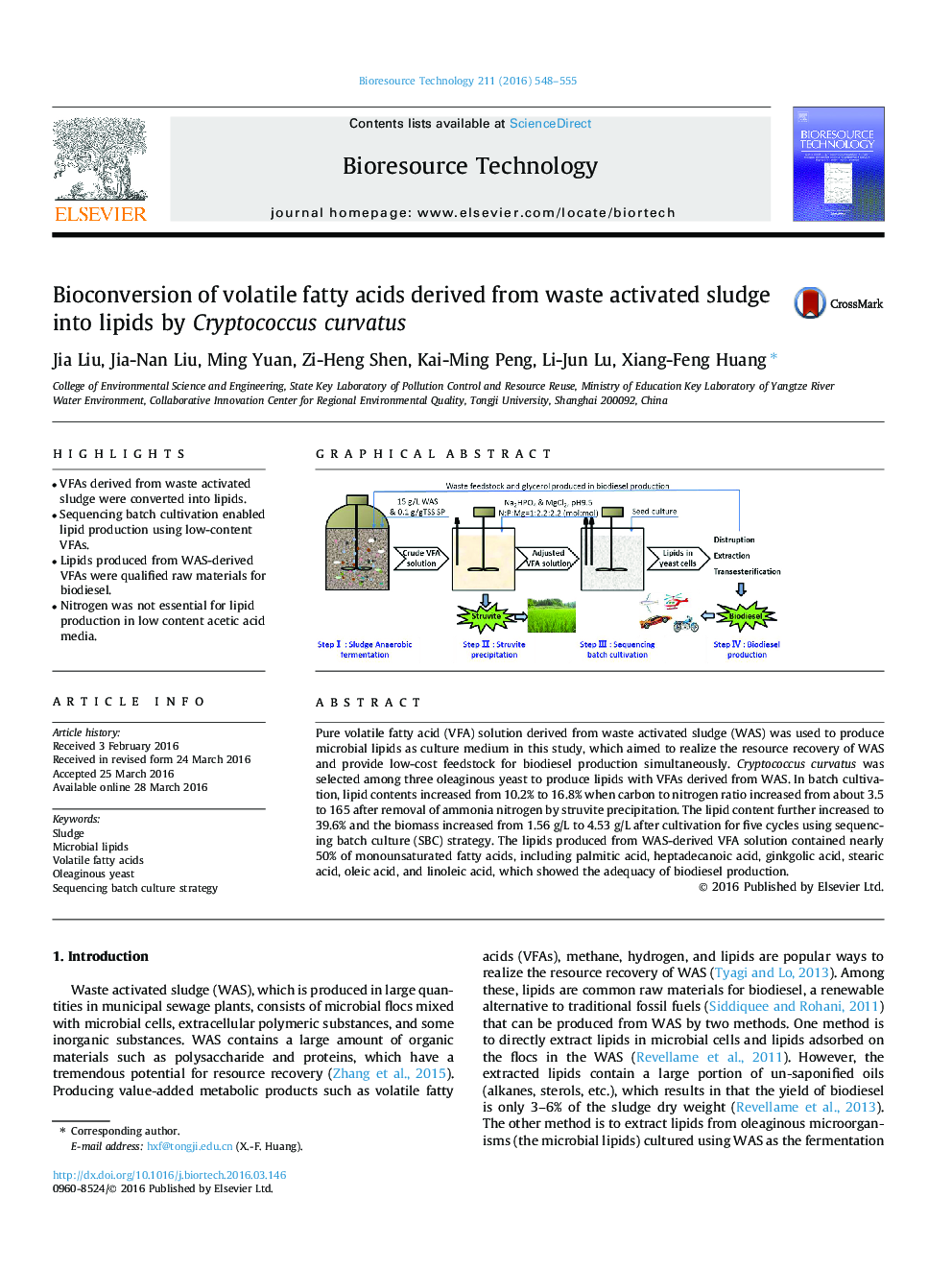 Bioconversion of volatile fatty acids derived from waste activated sludge into lipids by Cryptococcus curvatus