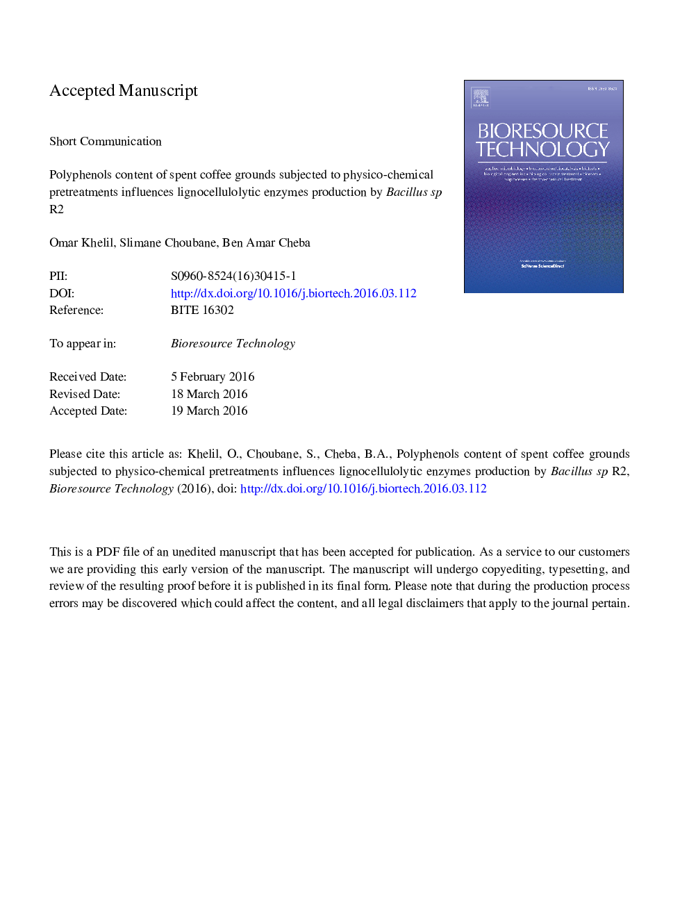 Polyphenols content of spent coffee grounds subjected to physico-chemical pretreatments influences lignocellulolytic enzymes production by Bacillus sp. R2